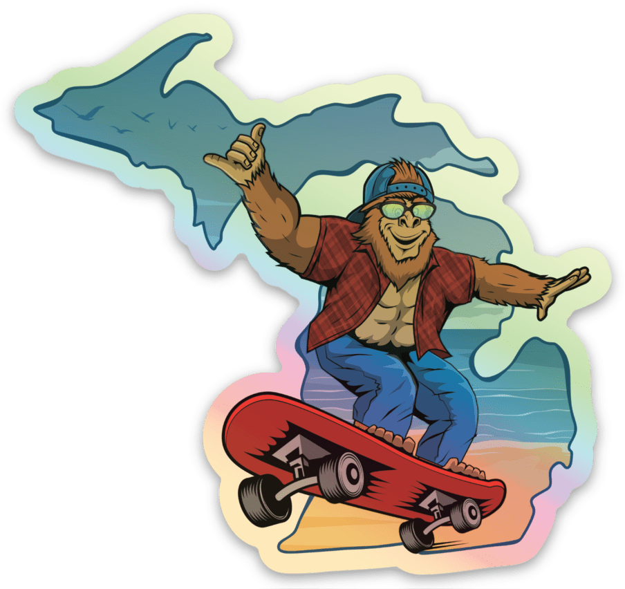 Sasquatch - Skateboarding - Beach - Michigan - Waterproof Sticker 3" X 3"