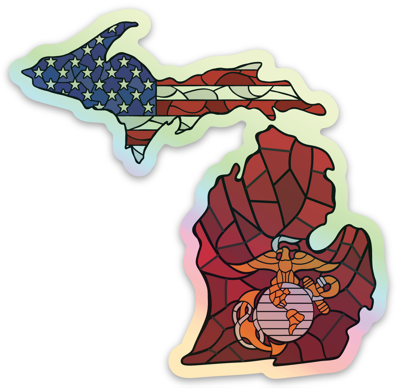 Stained Glass - USA - USMC - Michigan - Waterproof Sticker 3" X 3"