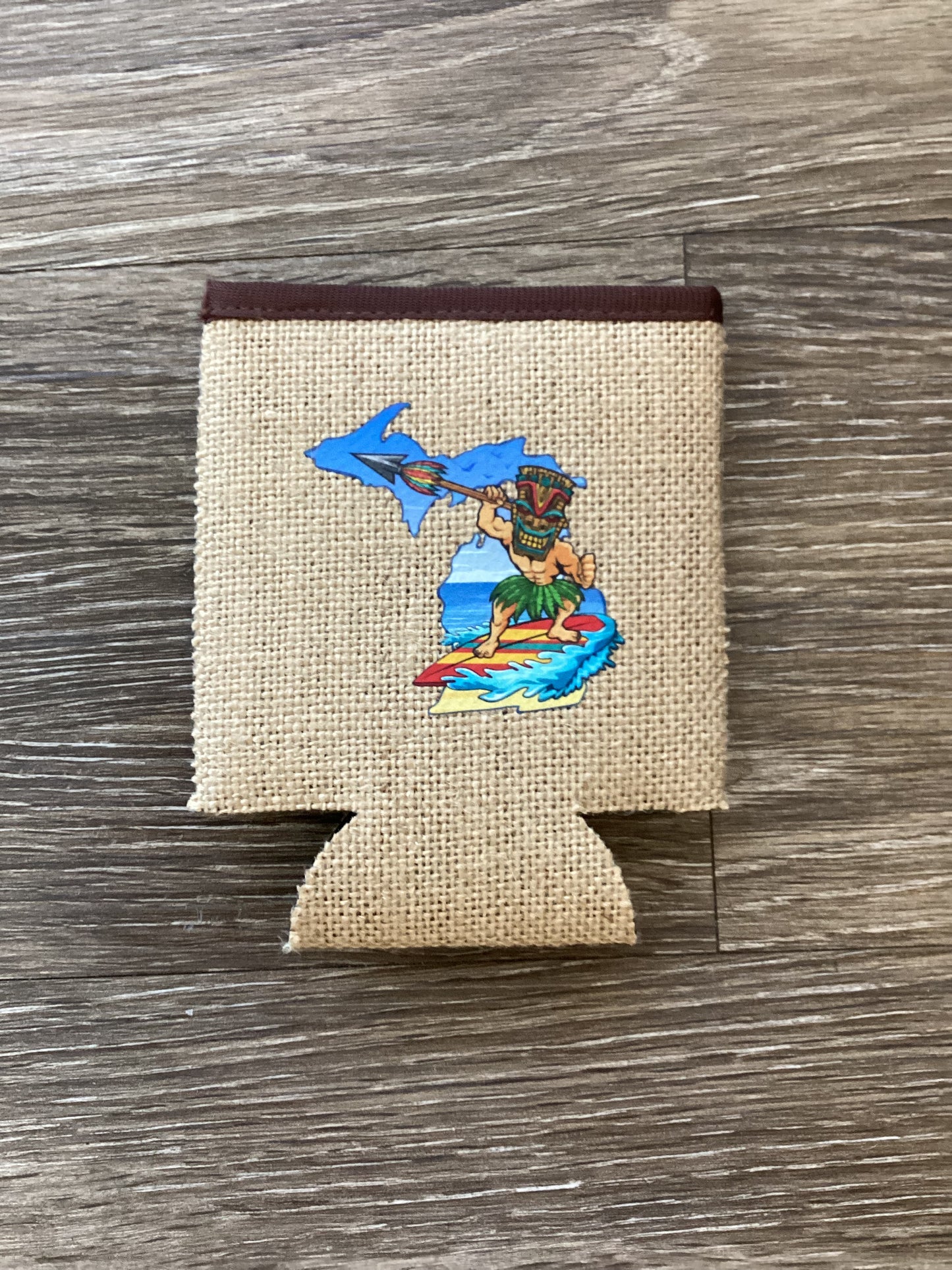 Tiki Man Beach - Michigan - Burlap Koozie