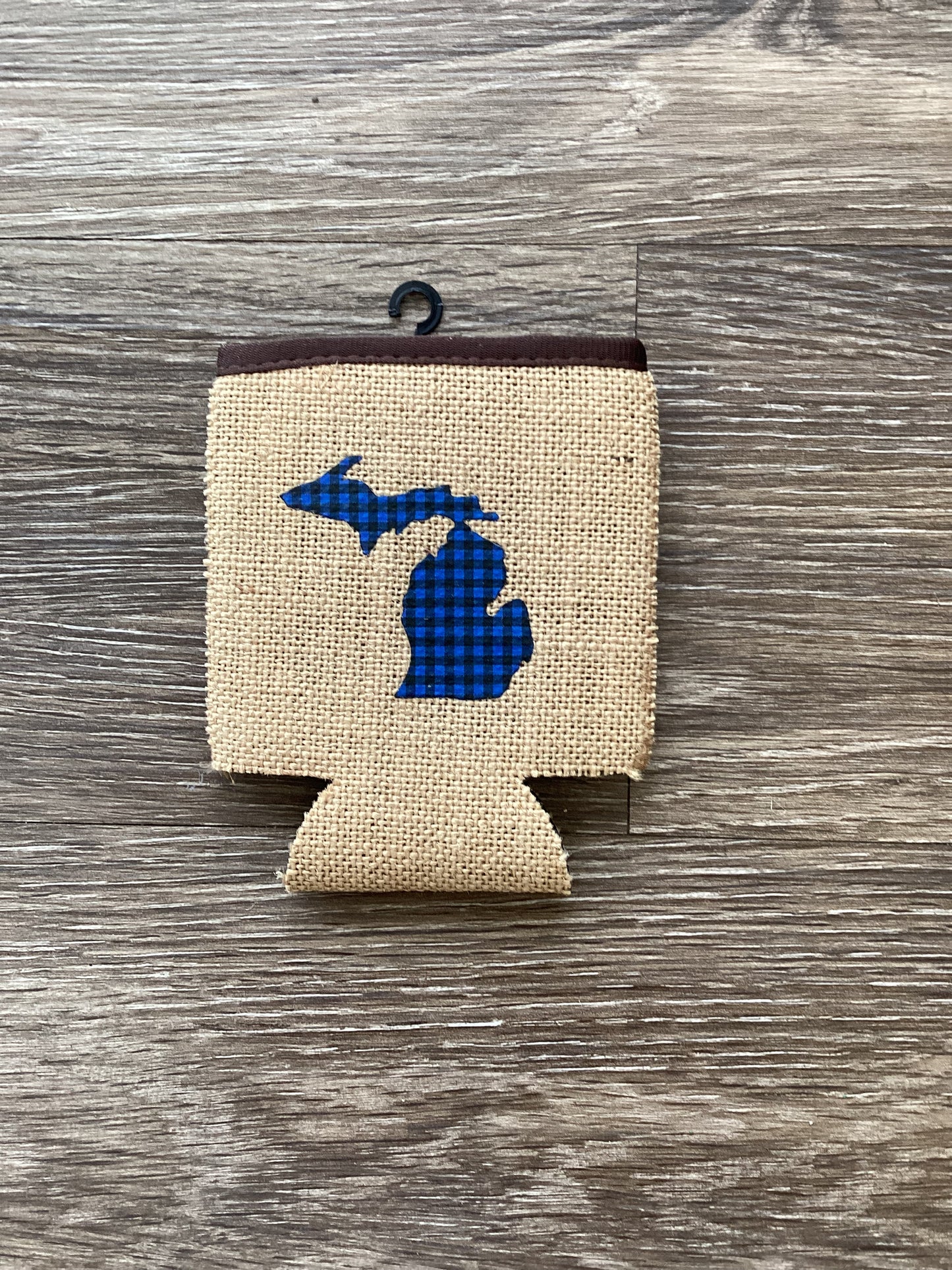 Plaid - Blue - Michigan - Burlap Koozie