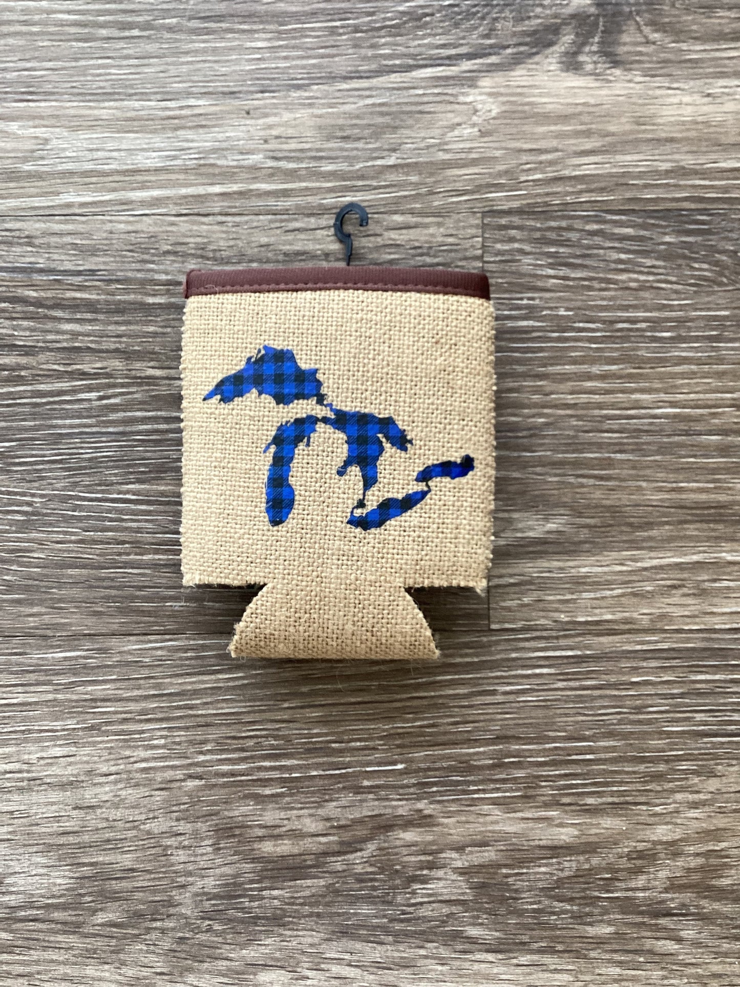 Plaid - Blue - Michigan - Burlap Koozie
