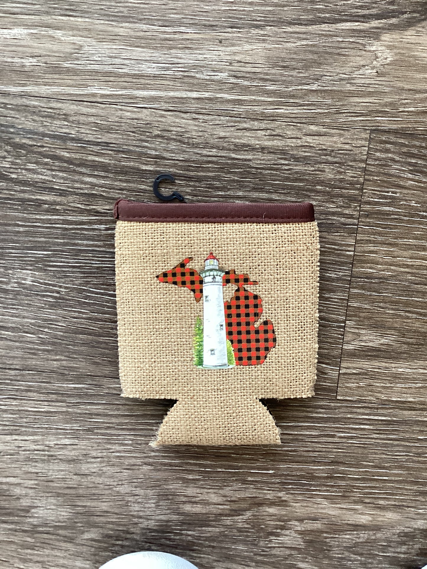 Plaid - Orange - Lighthouse - Michigan - Burlap Koozie