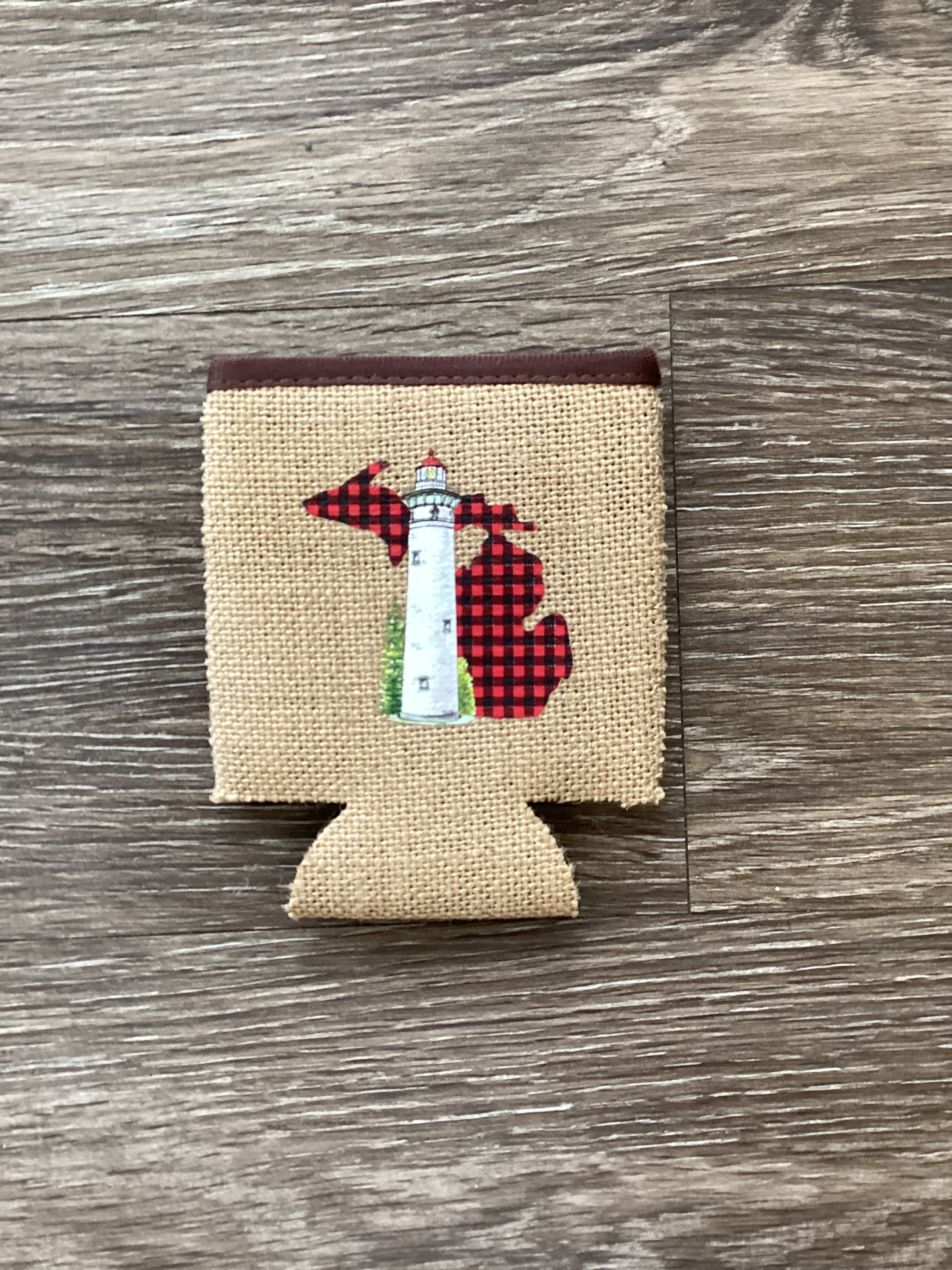 Plaid - Red - Lighthouse - Michigan - Burlap Koozie