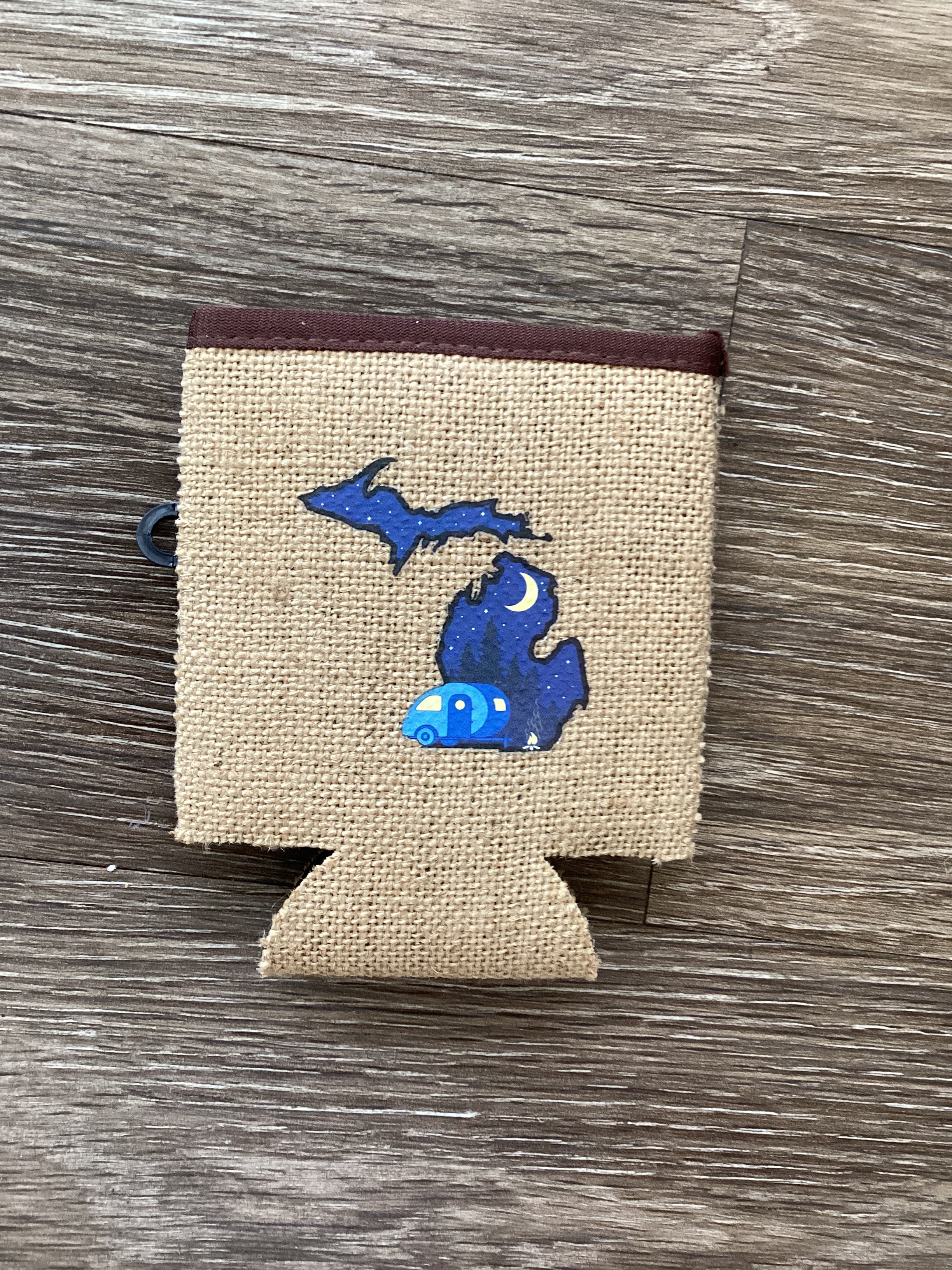 Nighttime camper - Blue - Michigan - Burlap Koozie