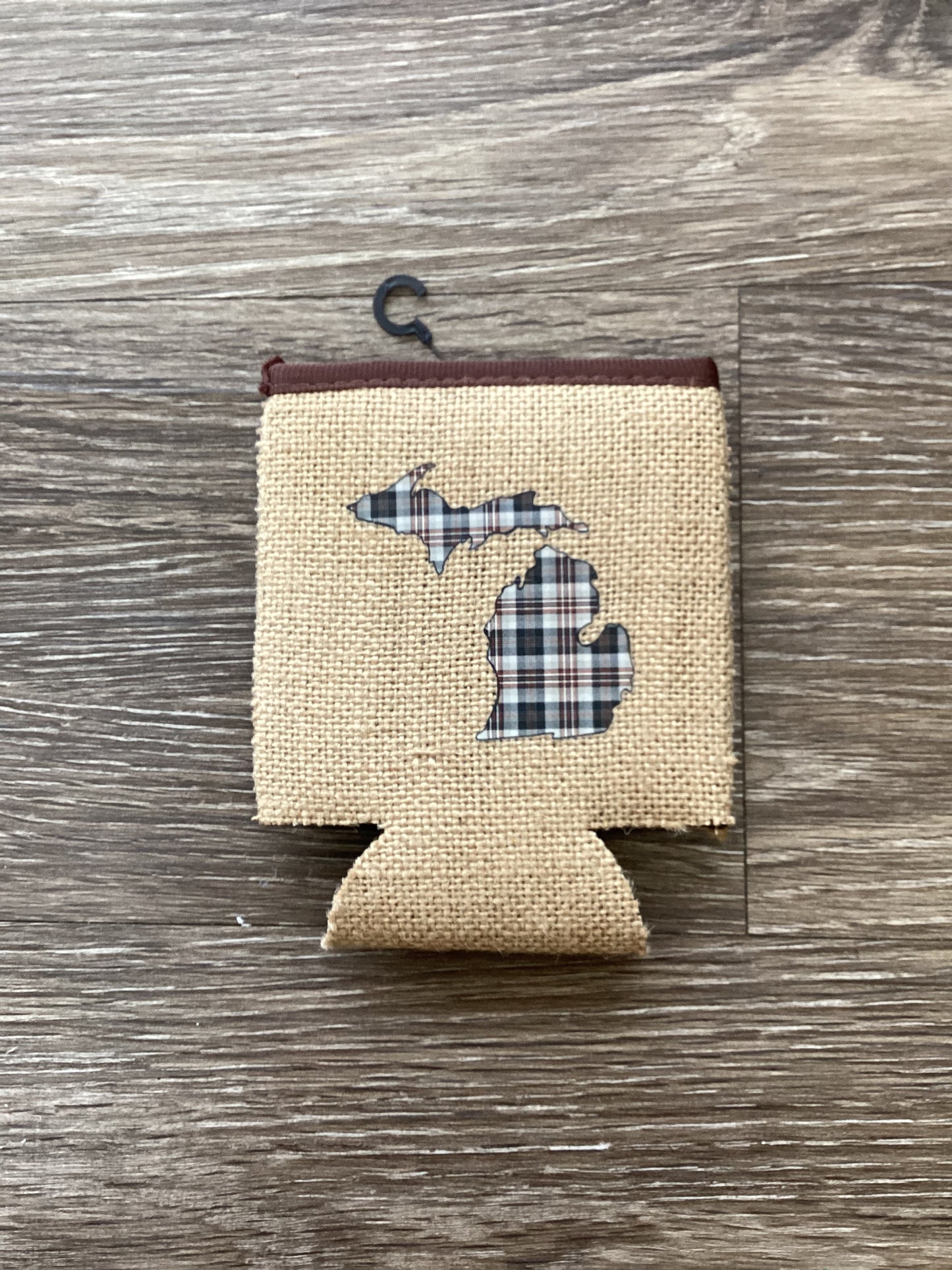 Plaid - Gray - Michigan - Burlap Koozie
