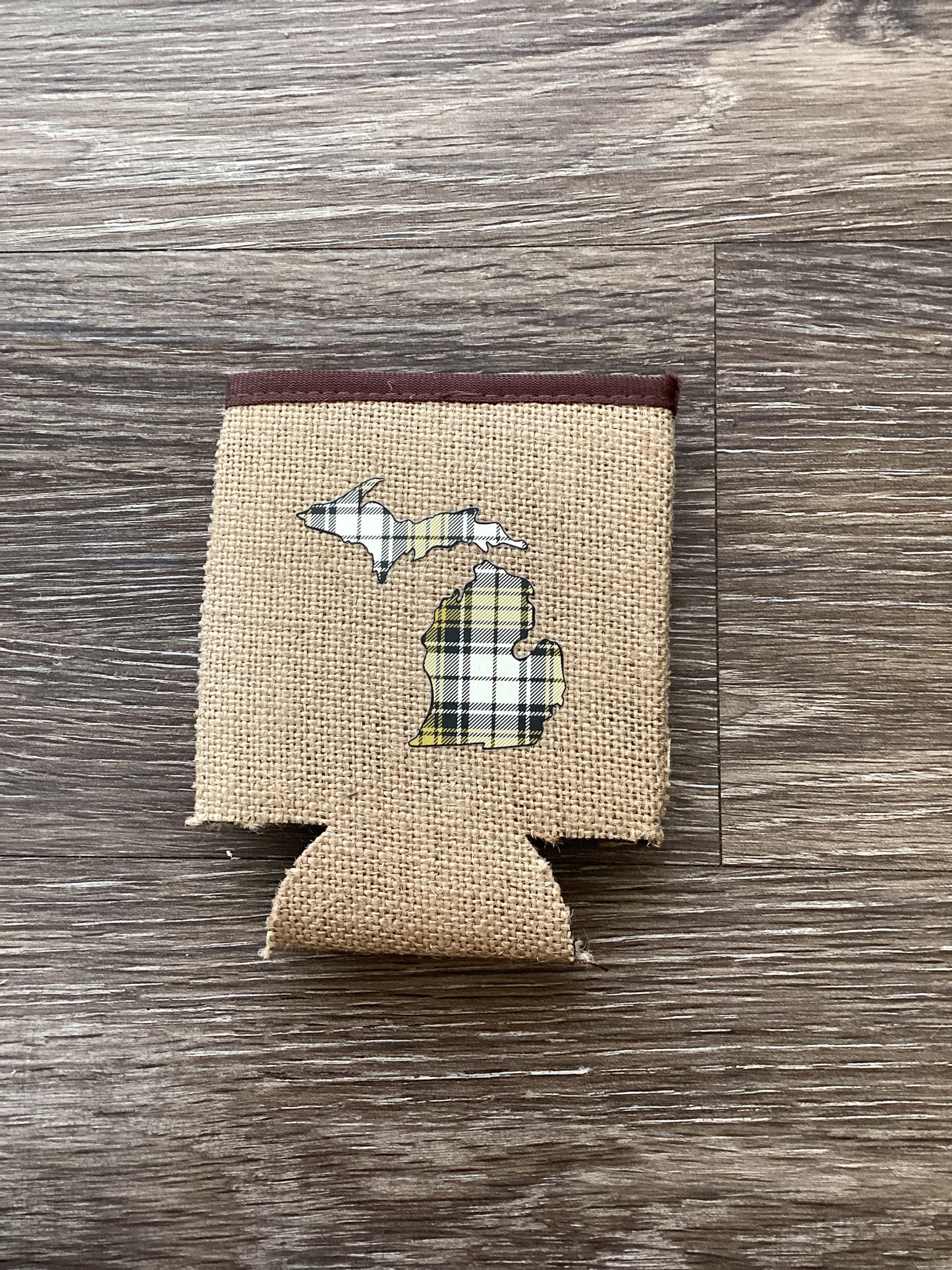 Plaid - Brown - Michigan - Burlap Koozie