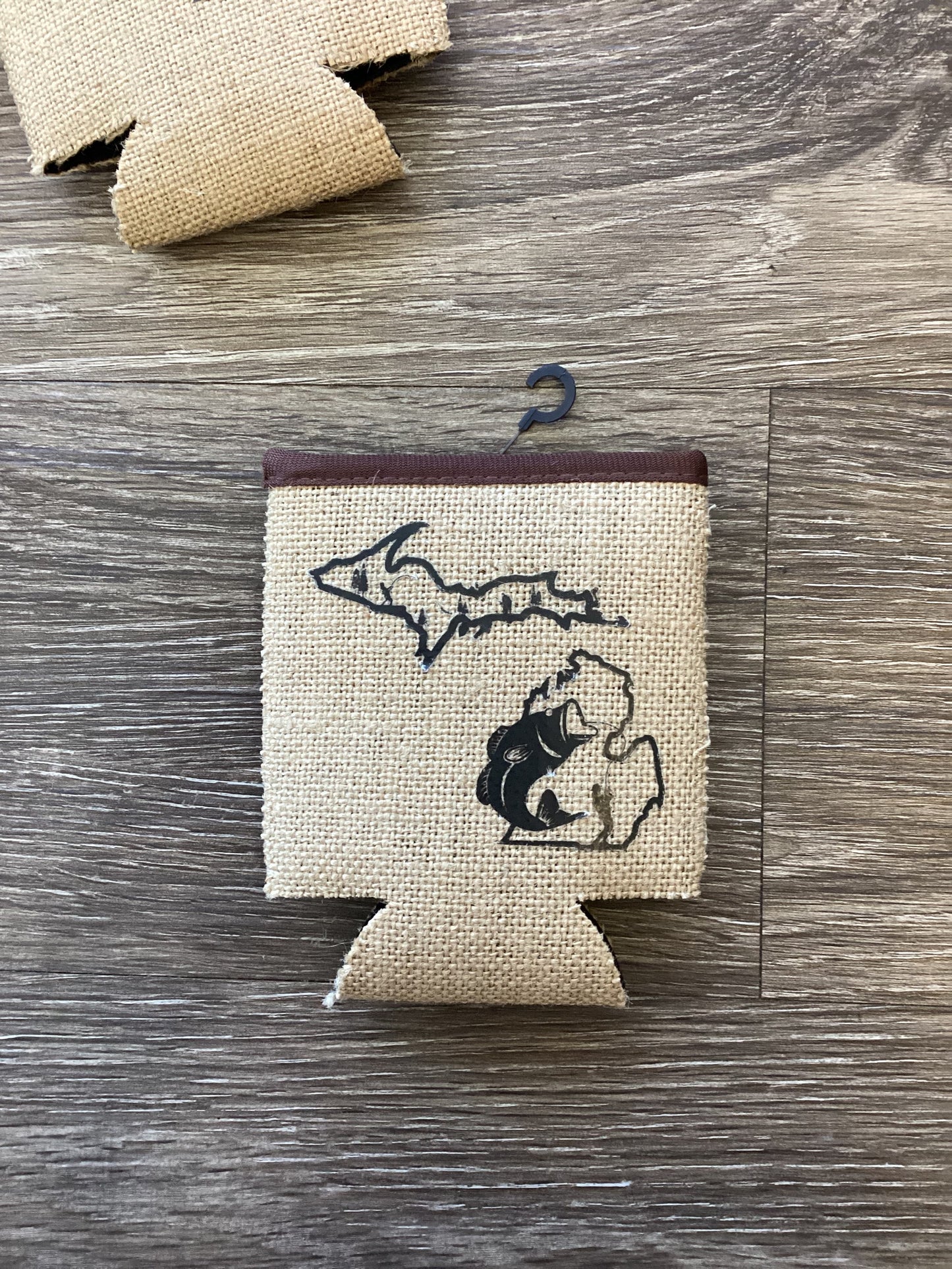 Fishing - Outline - Michigan - Burlap Koozie