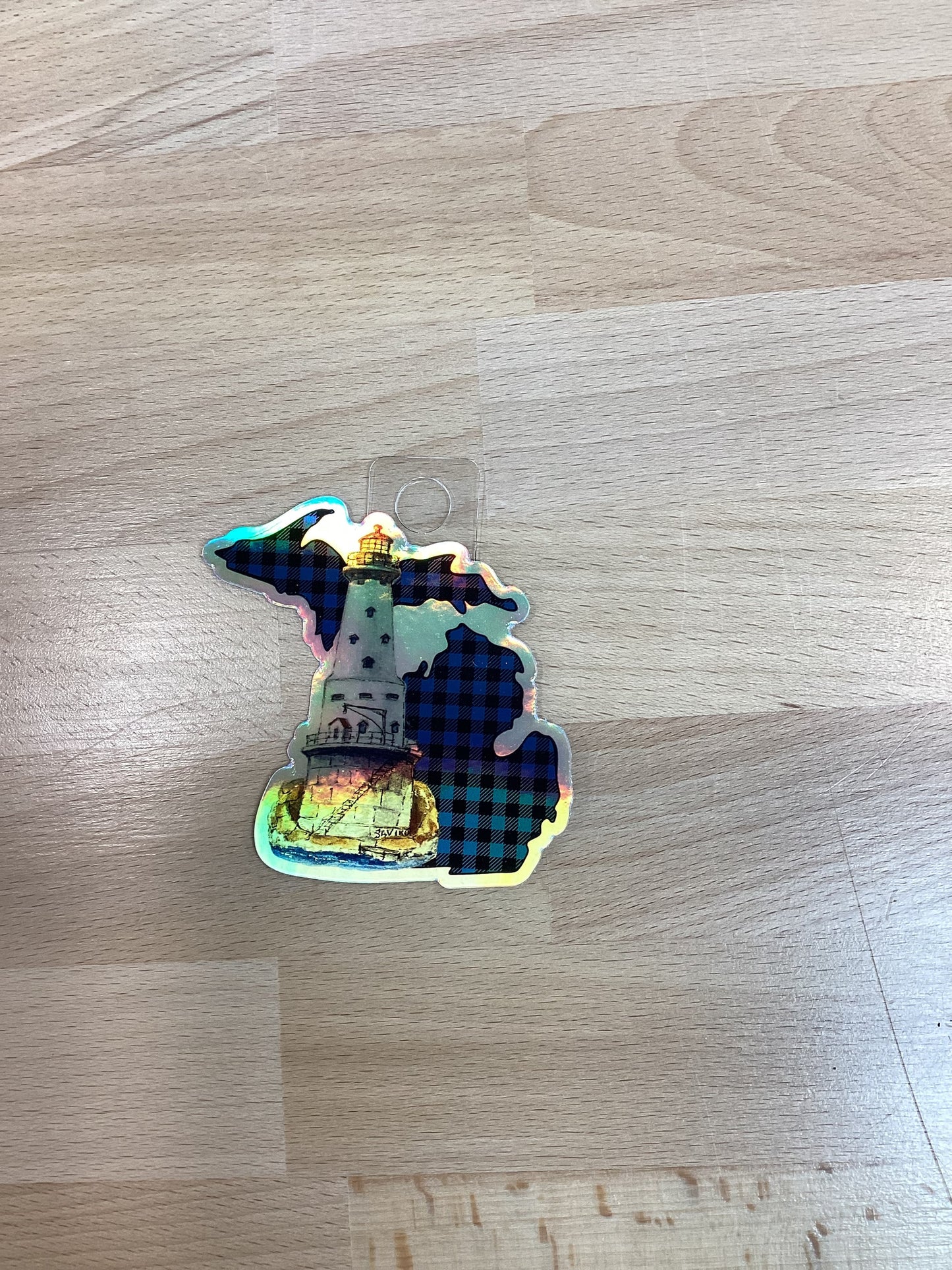 Rocks Of Ages - Lighthouse - Plaid - Blue - Holographic - Michigan - Waterproof Sticker 3" X 3"