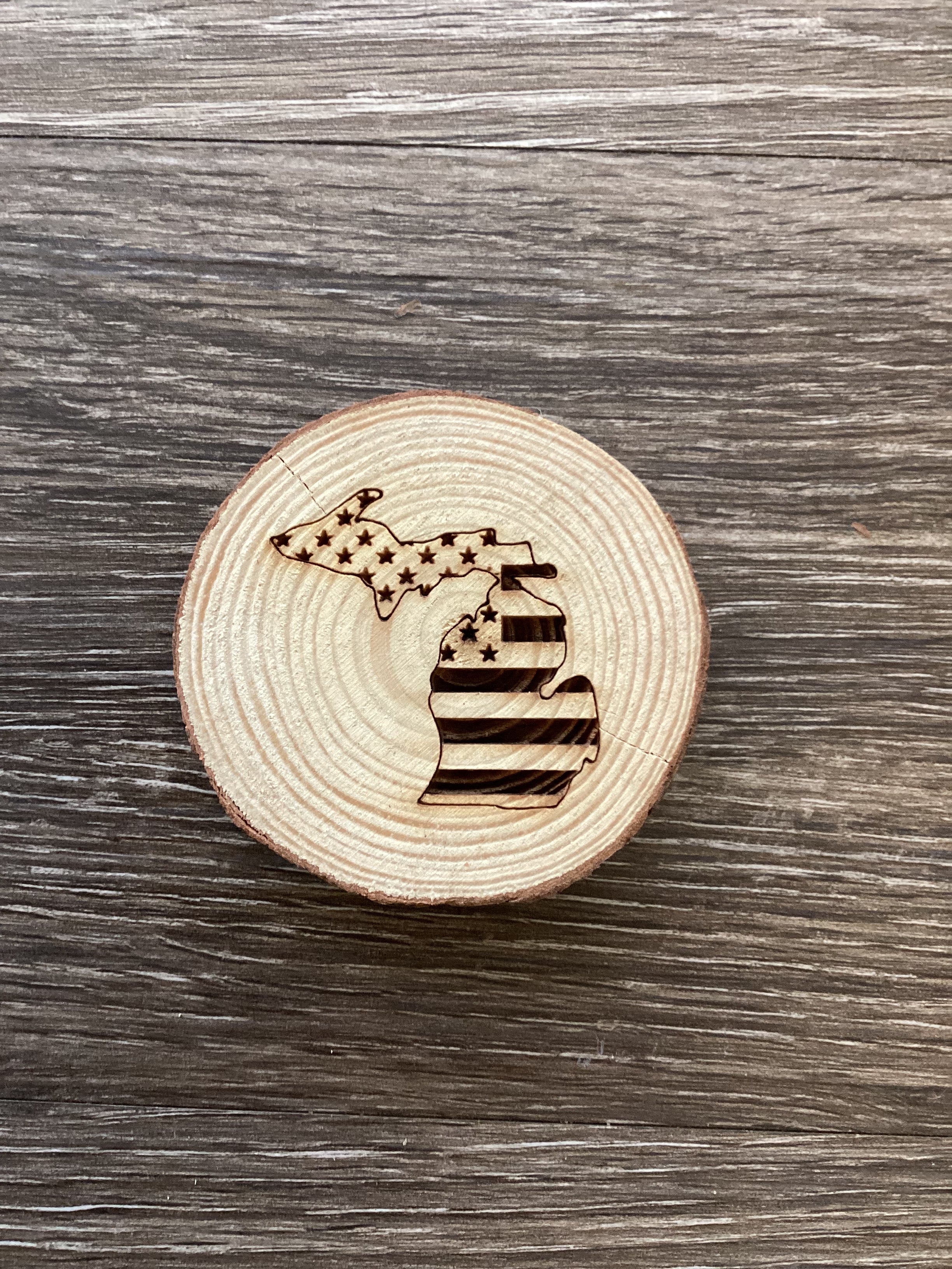 American Flag - Michigan - Wooden Log Magnet