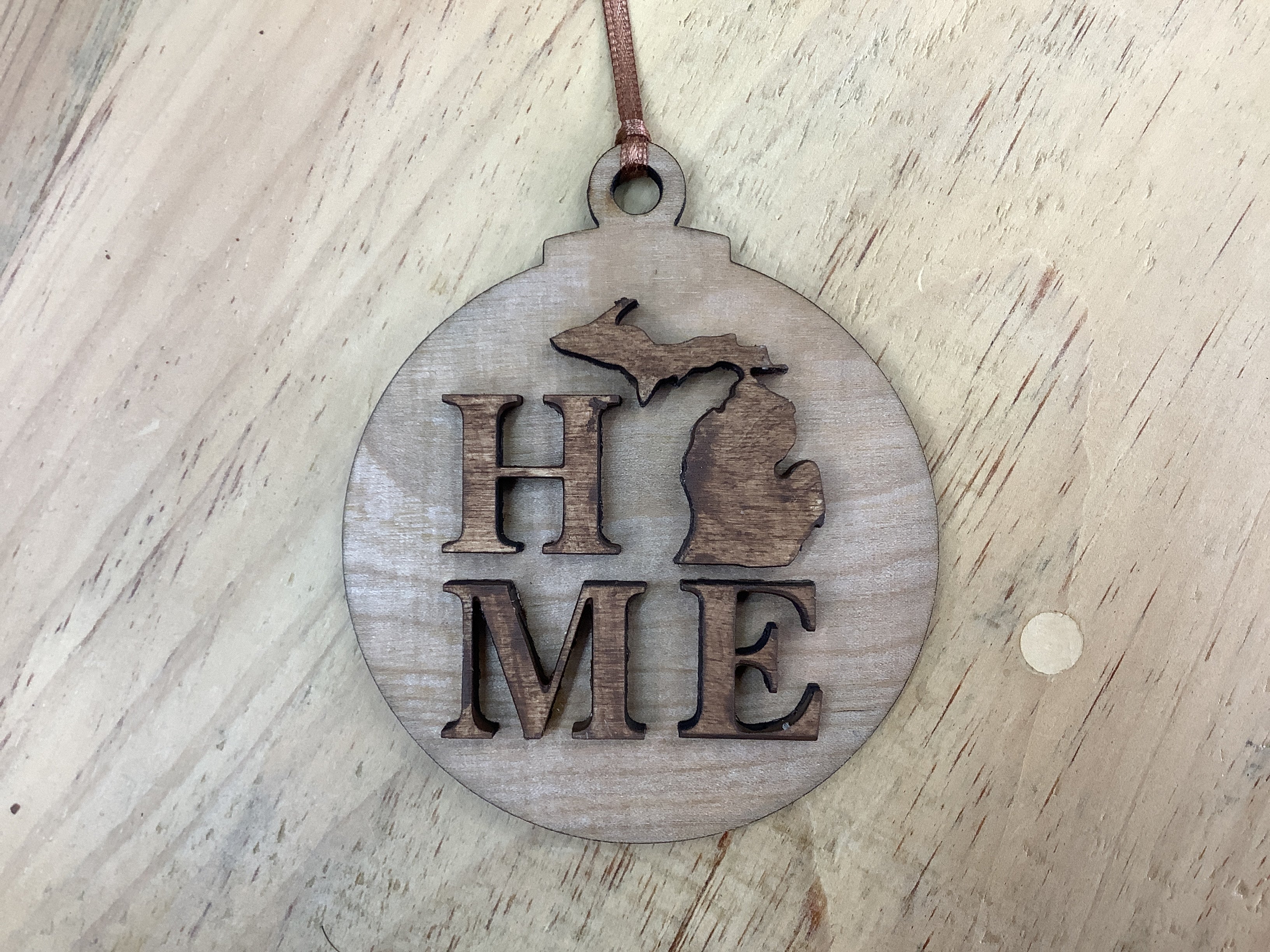 'Home' Michigan - Word - Wooden Engraved Ornament