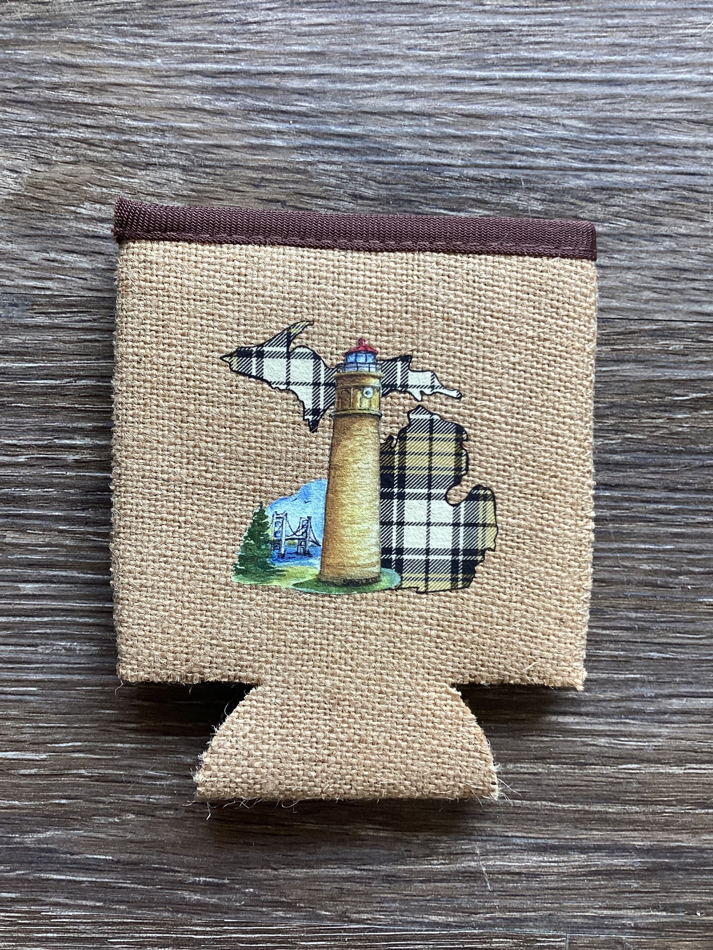 Lighthouse - Big Mac Point - Plaid Brown - Michigan - Burlap Koozie