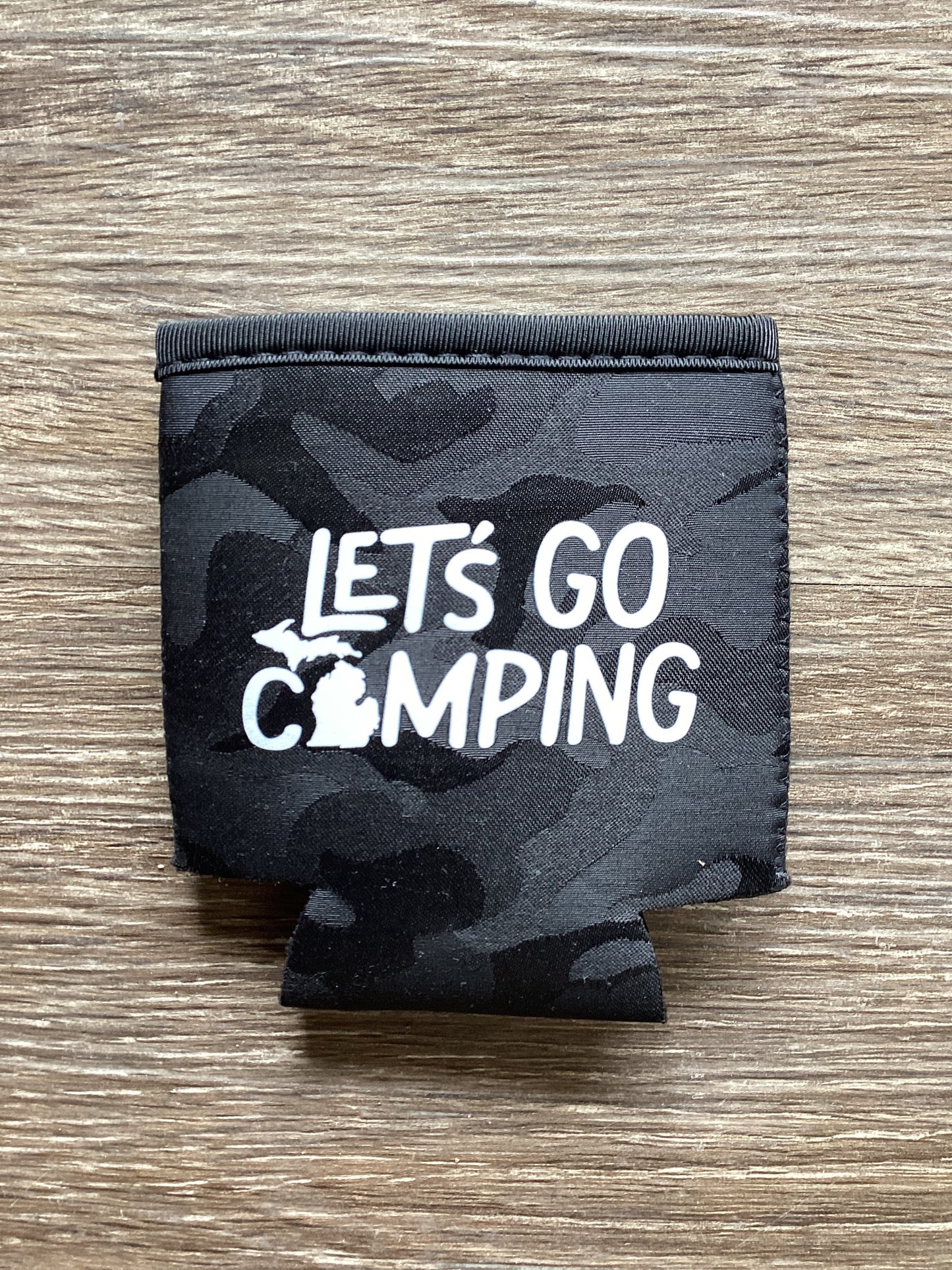 Let's Go Camping - Word - Black Camo Koozie