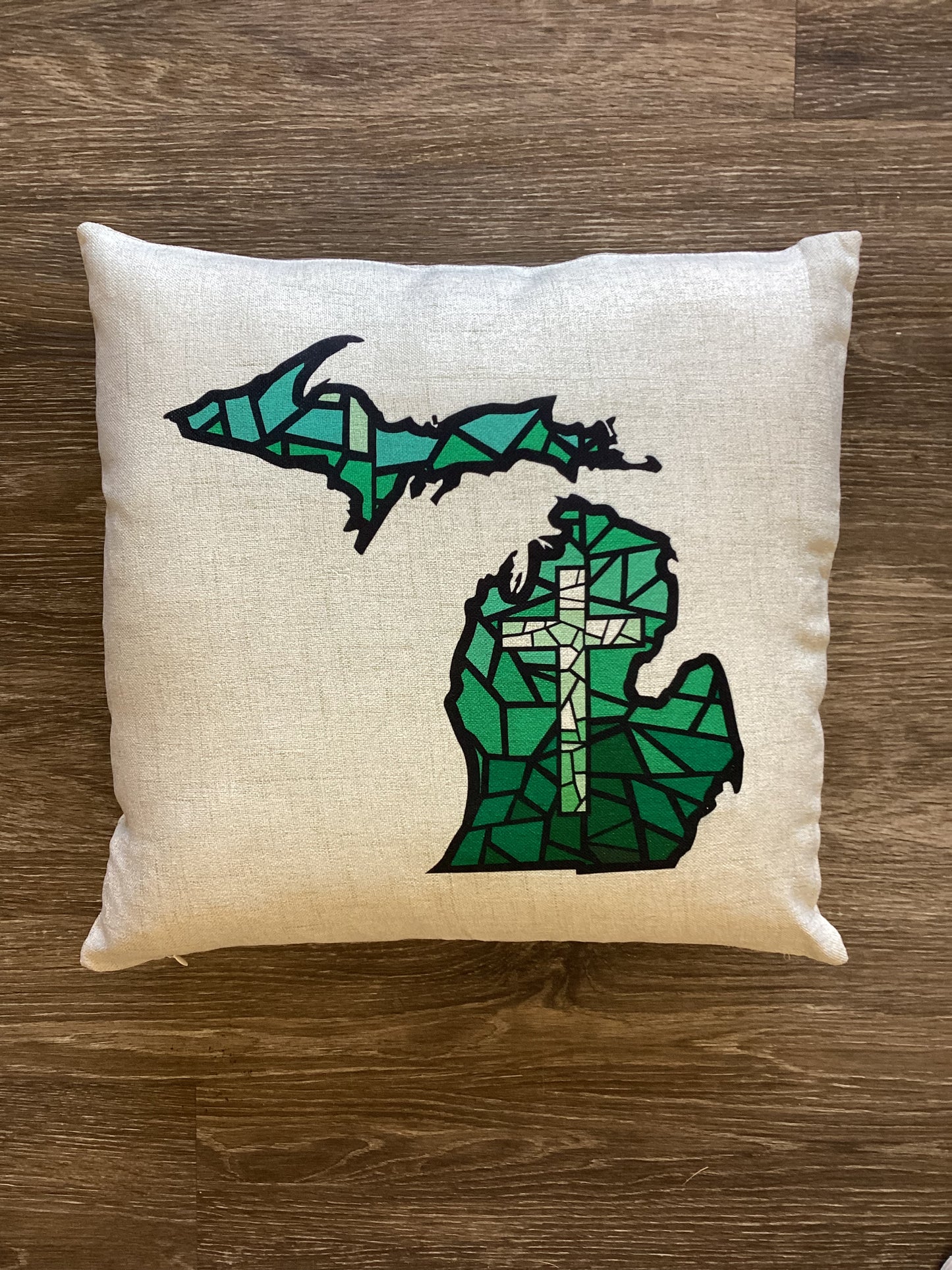 Stained Glass - Cross - Green - Michigan - Pillow