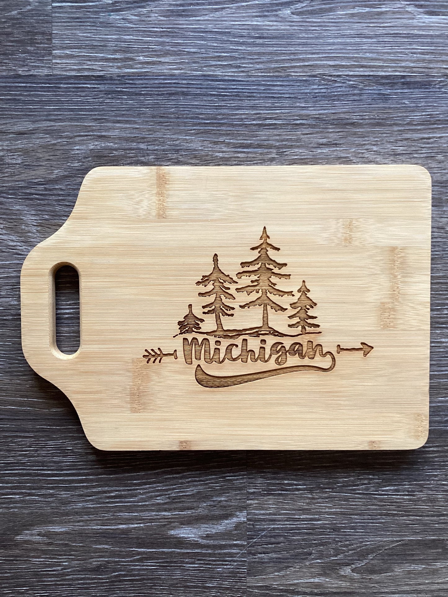 'Michigan' Forest - Word - Wooden Engraved - Cutting Board 13" x 9"
