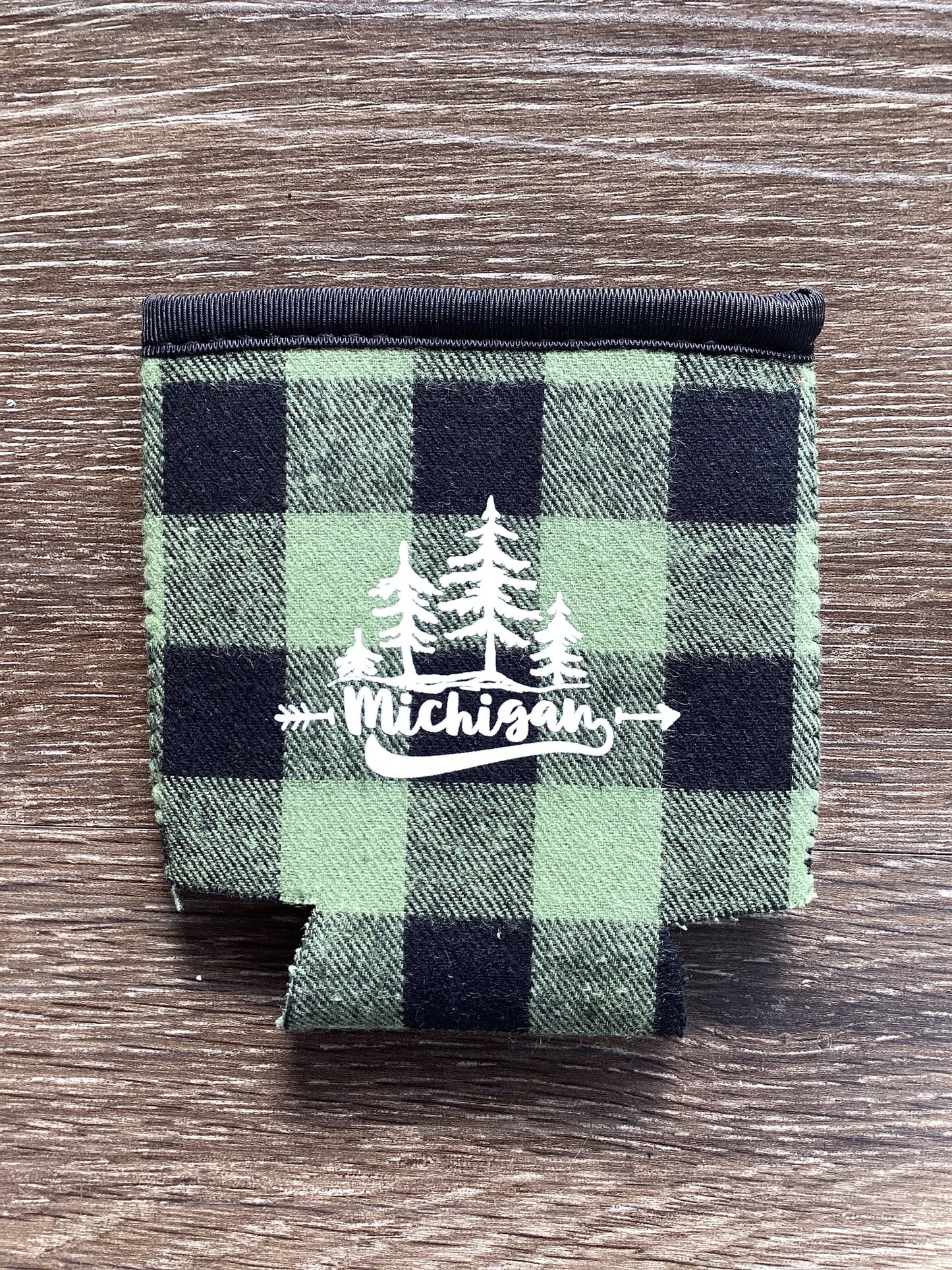 'Michigan' Forest - Word - Green Plaid Koozie