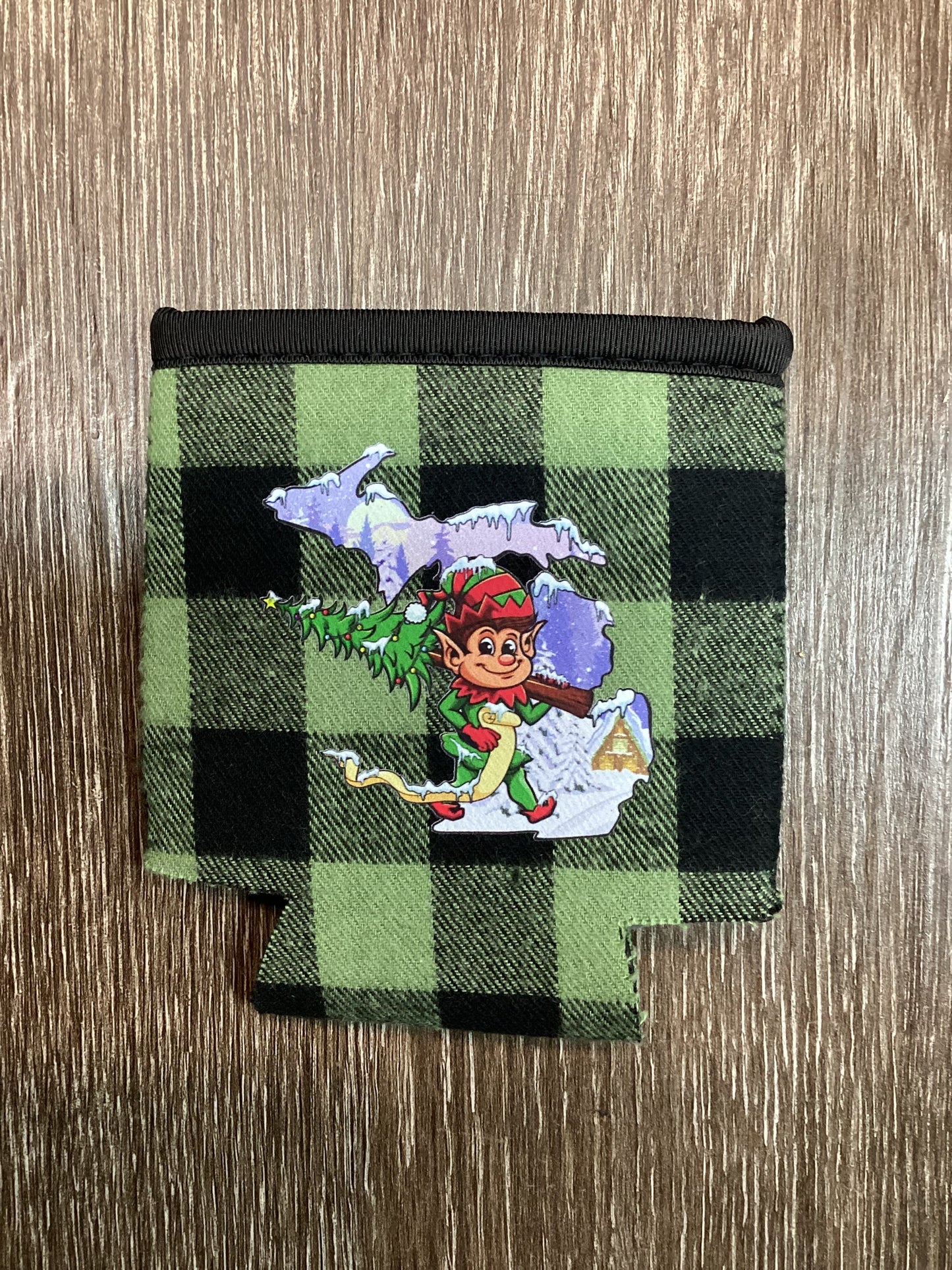 Christmas - Elf - Michigan - Green Plaid Koozie