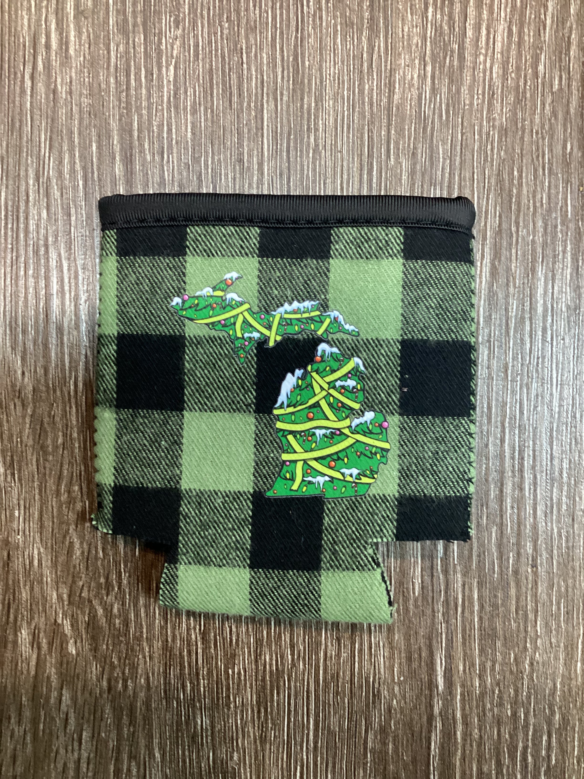 Christmas Tree - Snowy - Michigan - Green Plaid Koozie