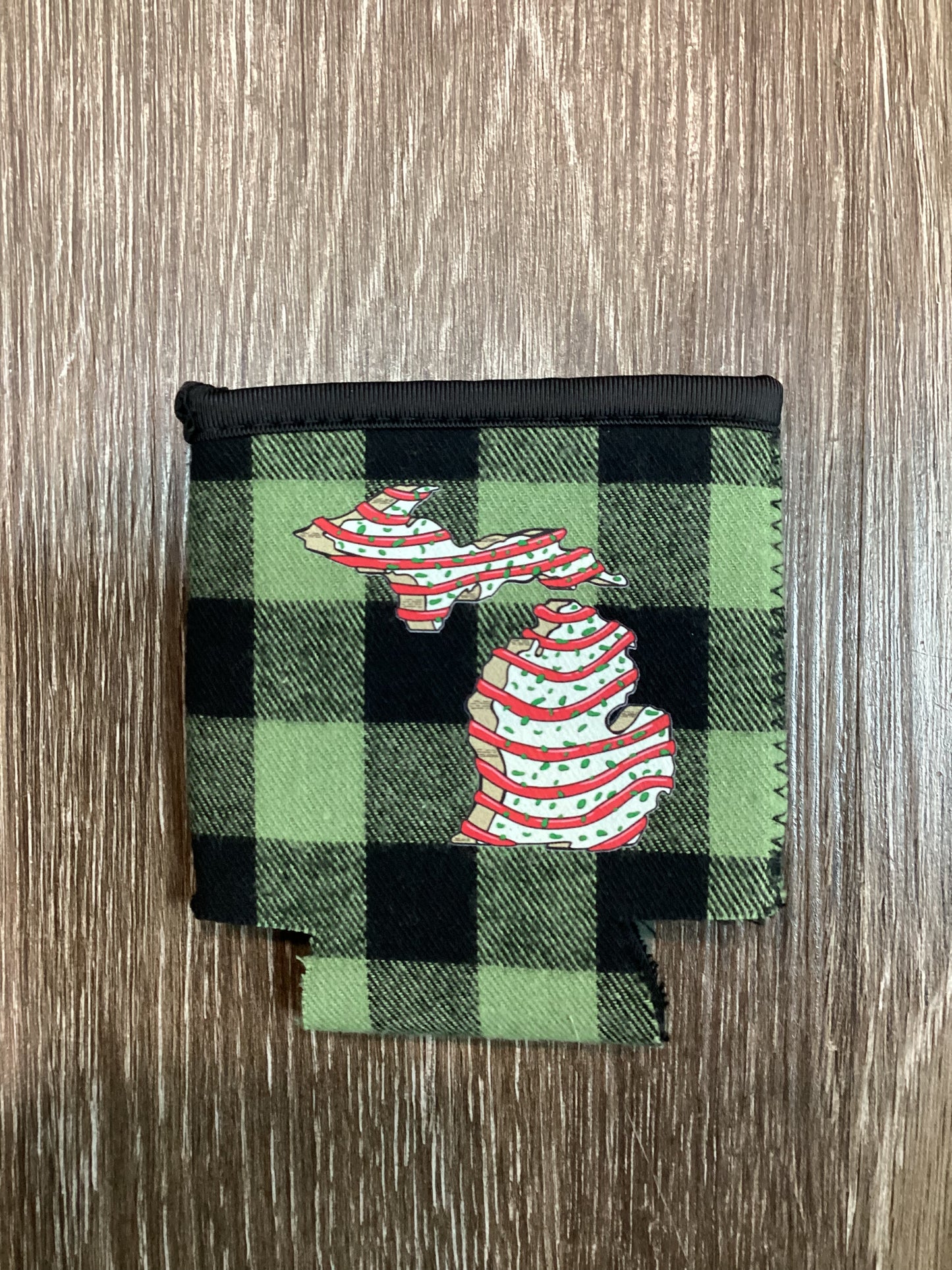 Christmas Cake - Michigan - Green Plaid Koozie