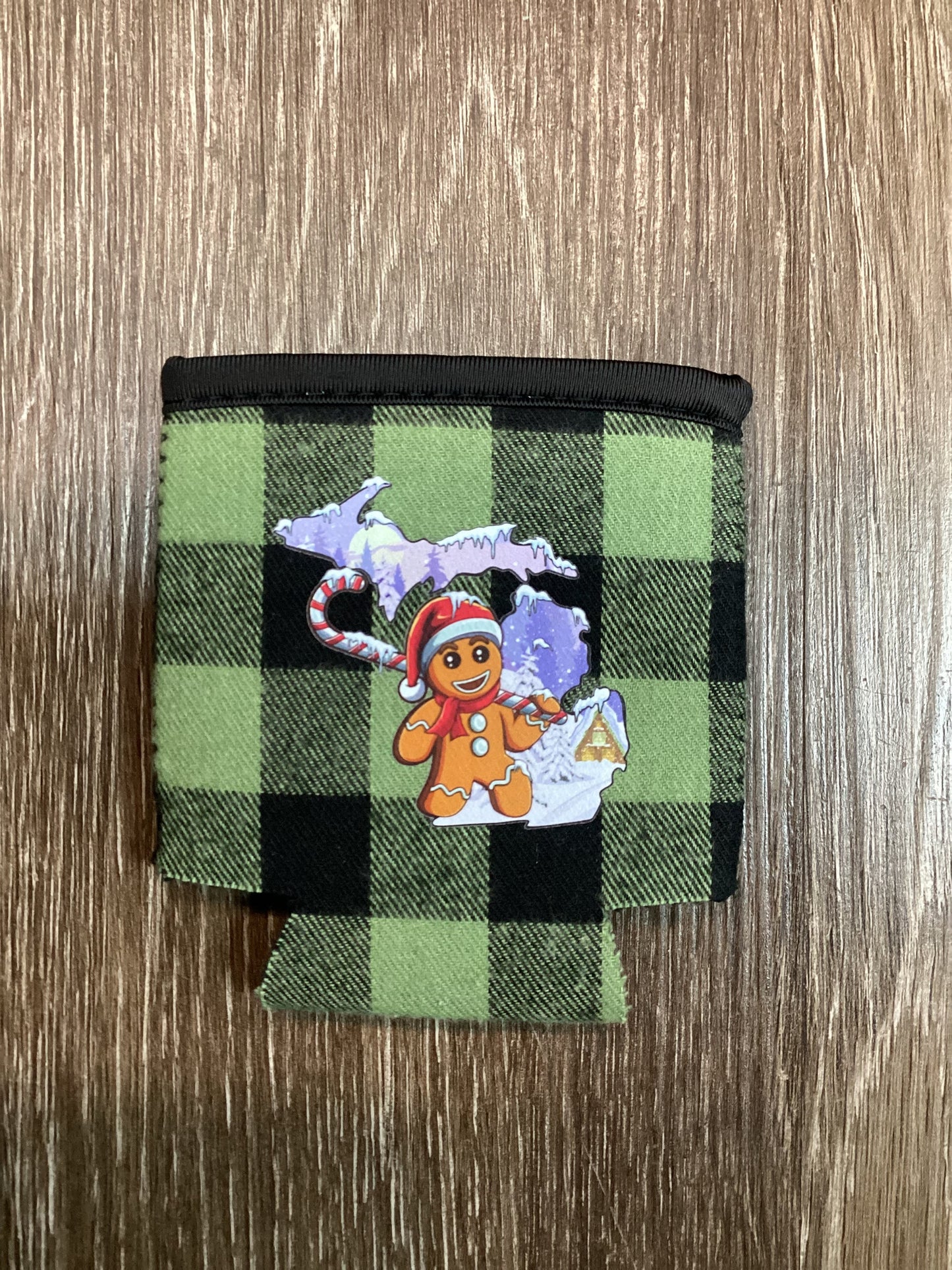 Gingerbread Cookie - Michigan - Green Plaid Koozie