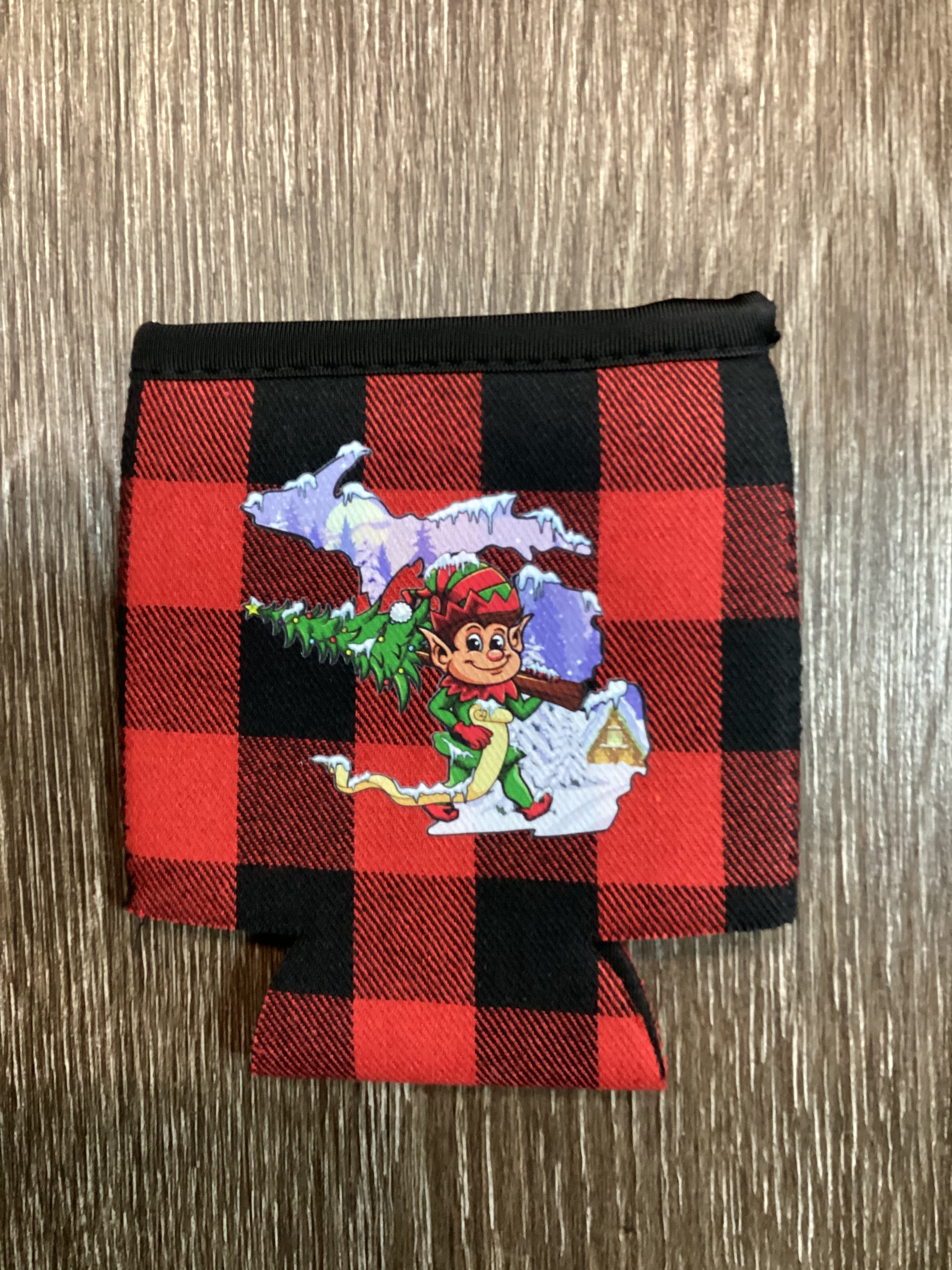 Christmas - Elf - Michigan - Buffalo Plaid Koozie