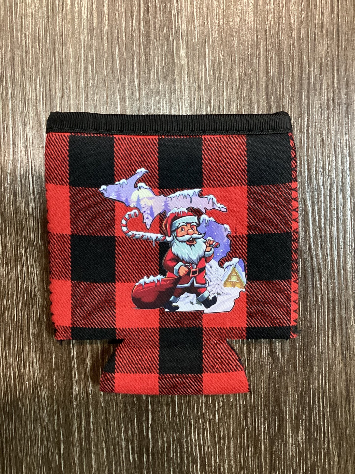 Christmas - Santa - Michigan - Buffalo Plaid Koozie