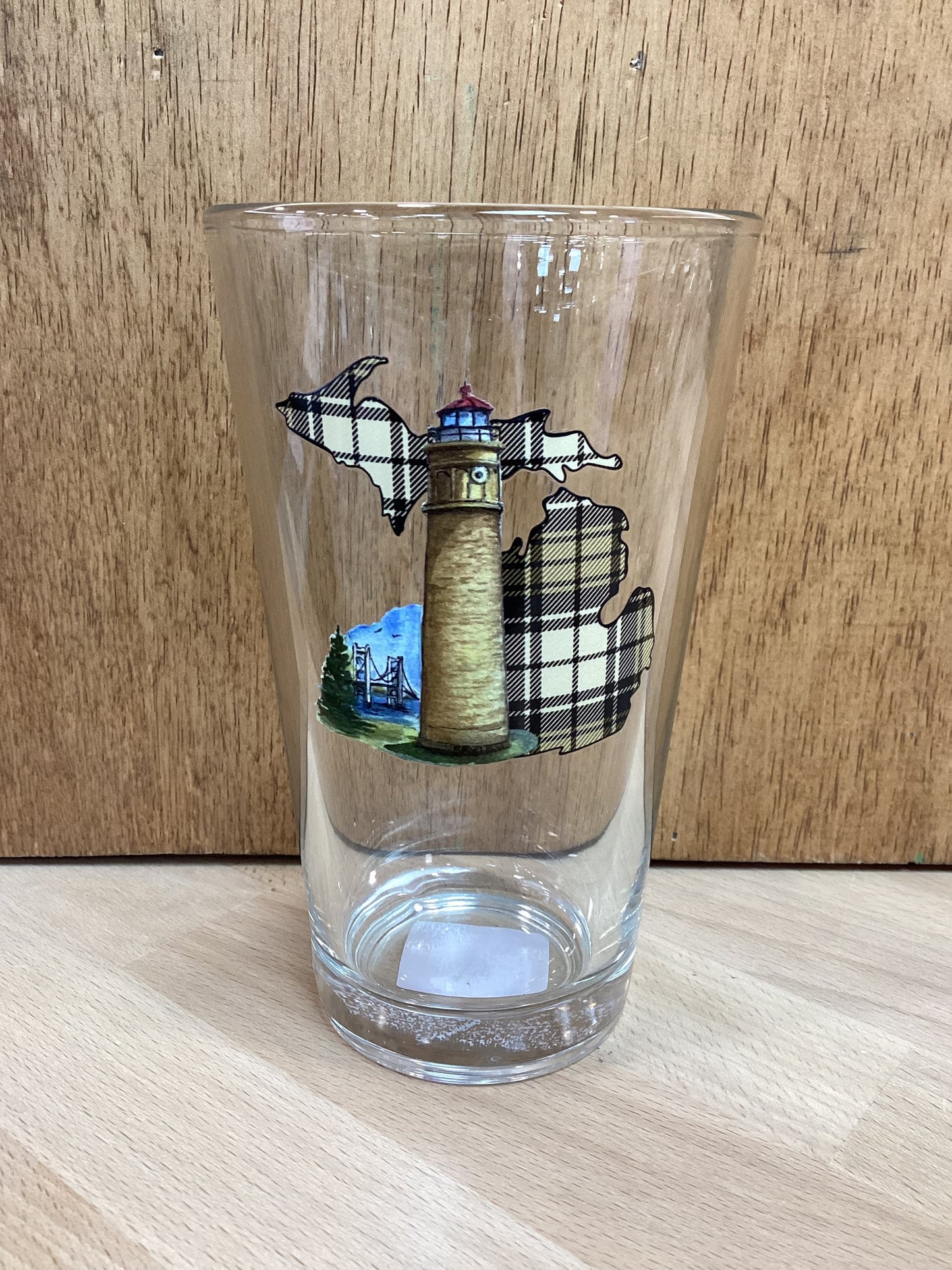 Lighthouse - Big Mac - Plaid - Brown - Michigan - 16oz Pint Glass