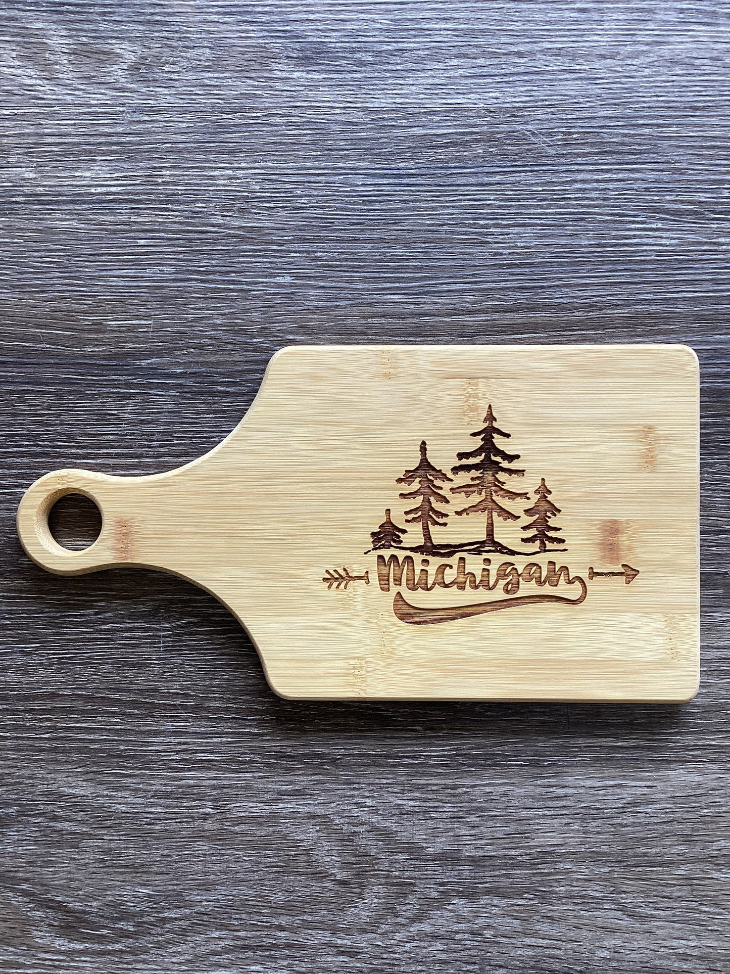 'Michigan' Forest - Word - Wooden Engraved - Cutting Board 13.5" x 7"