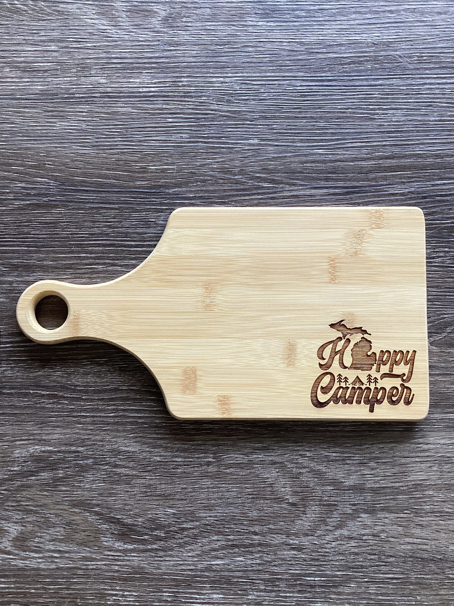 Happy Camper - Word - Wooden Engraved - Cutting Board 13.5" x 7"