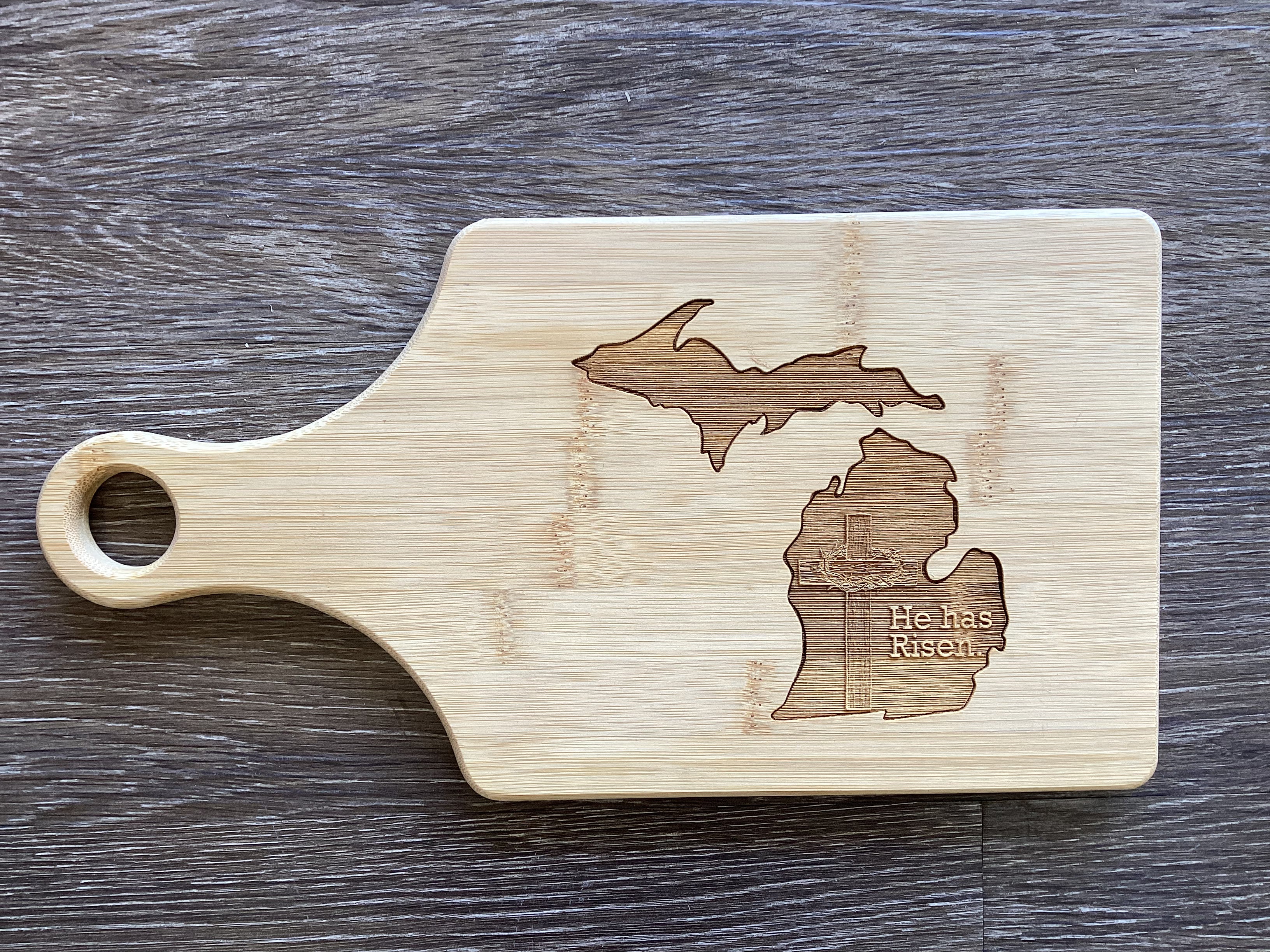 'He has Risen' Cross - Michigan - Wooden Engraved - Cutting Board (13.5" x 7")