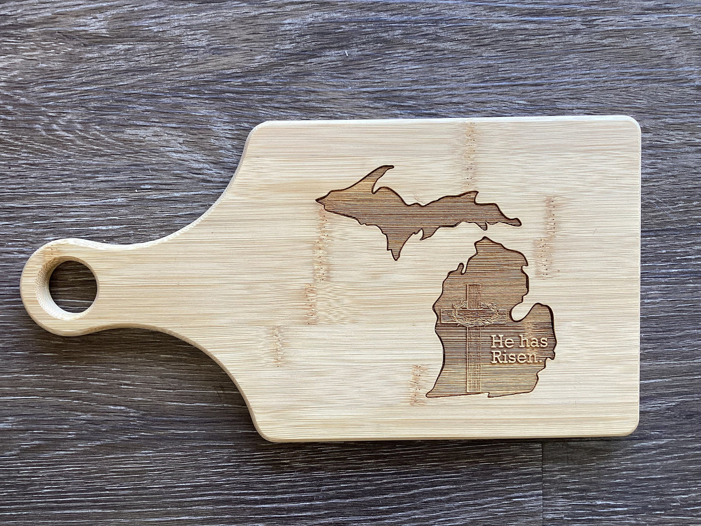 'He has Risen' Cross - Michigan - Wooden Engraved - Cutting Board 13.5" x 7"