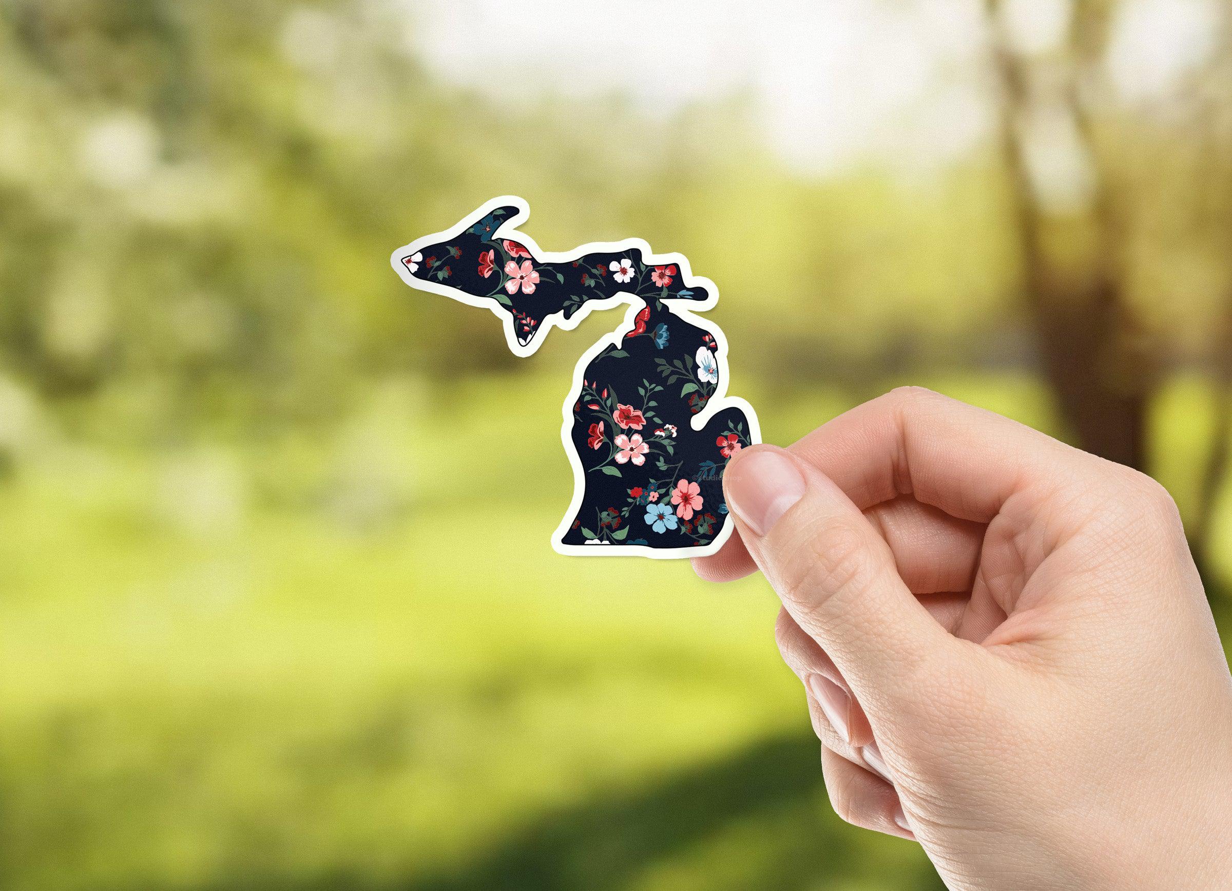 Black Floral Michigan Waterproof Sticker (3" X 3")