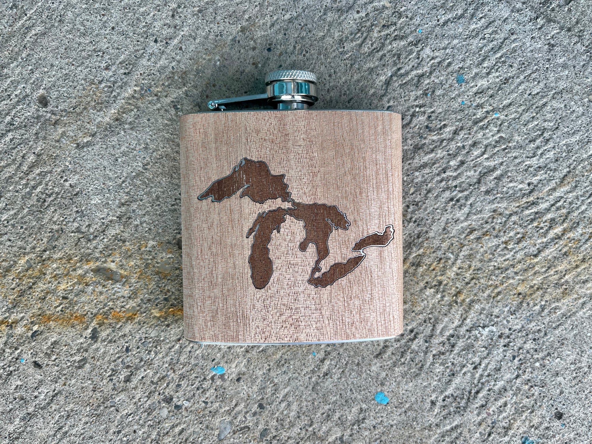 Great Lakes - Wooden Engraved - Flask