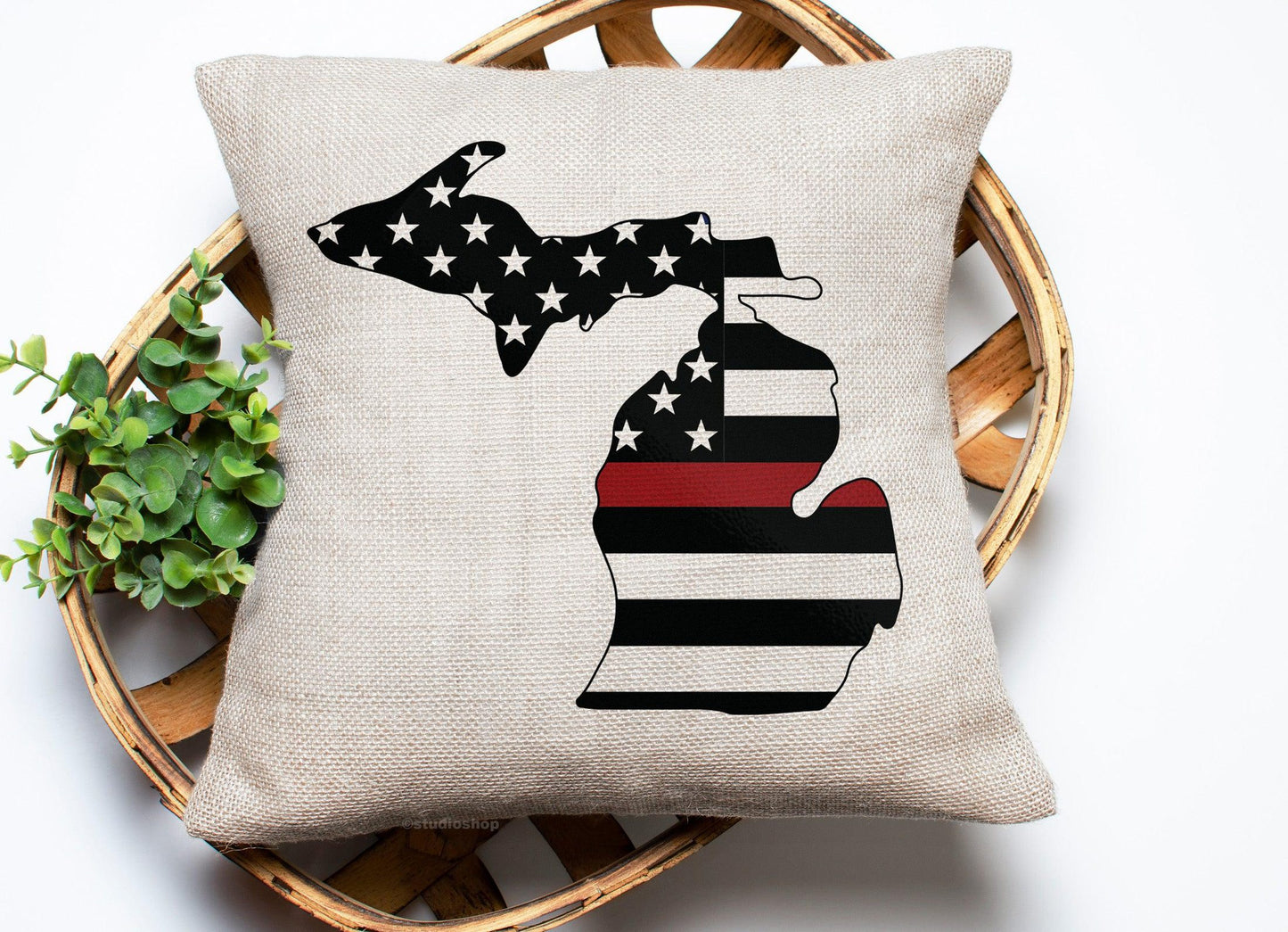 American Flag - Red Line - Michigan - Pillow