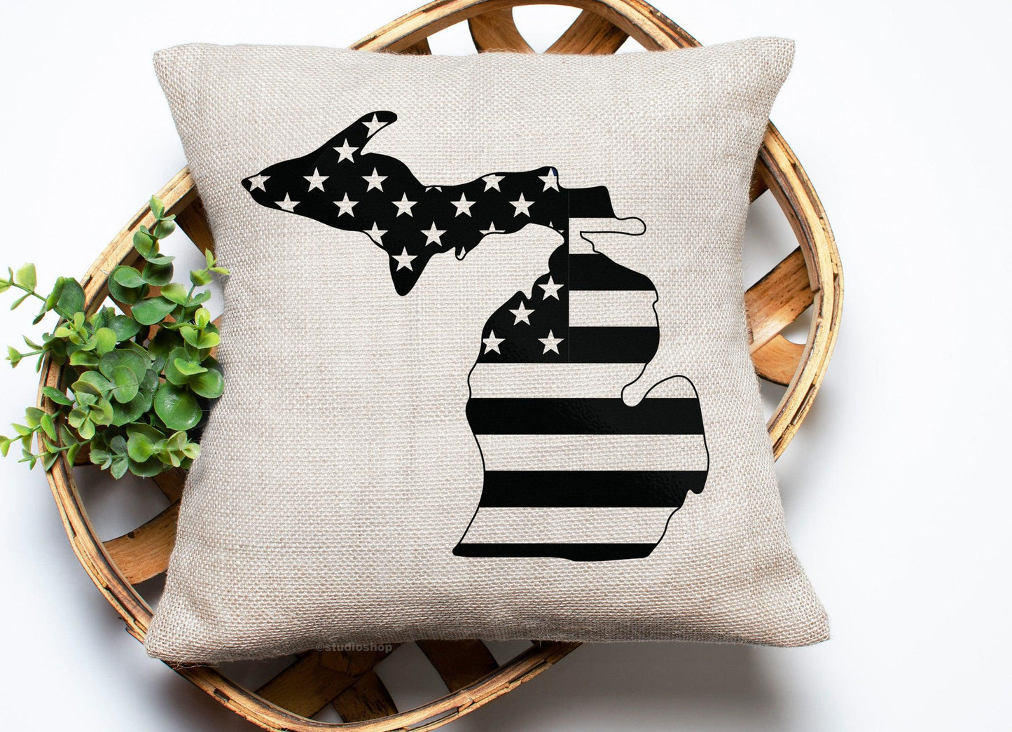 American Flag - Monochrome - Michigan - Pillow