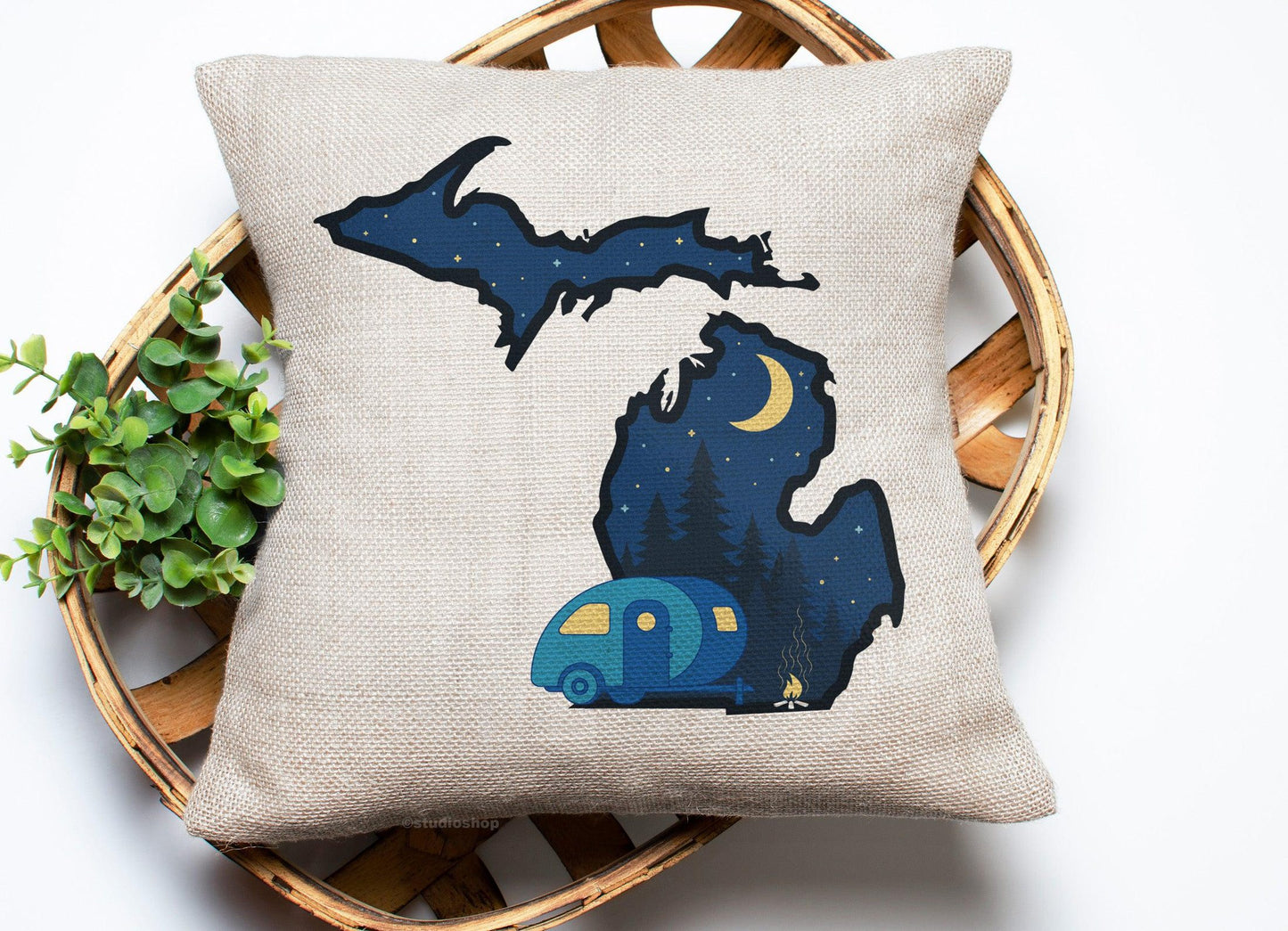 Nighttime Camper - Blue - Michigan - Pillow