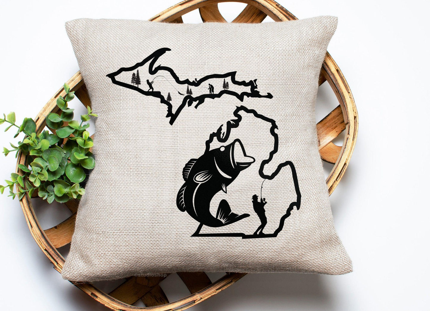 Fishing - Outline - Michigan - Pillow