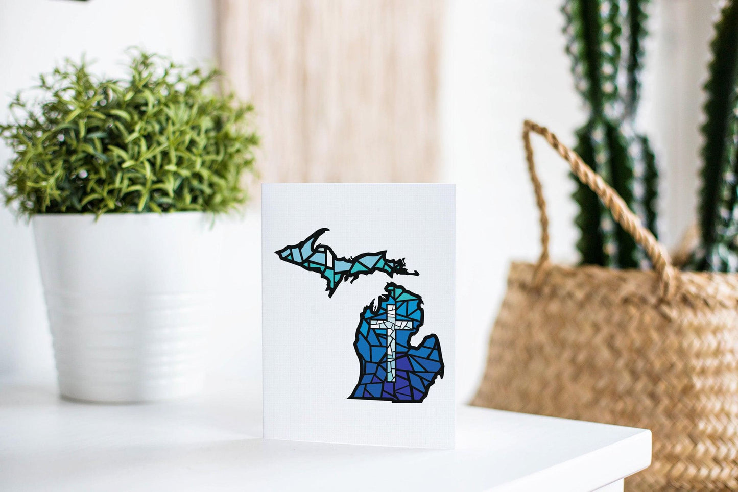 Stained Glass W Cross - Michigan - Greeting Card
