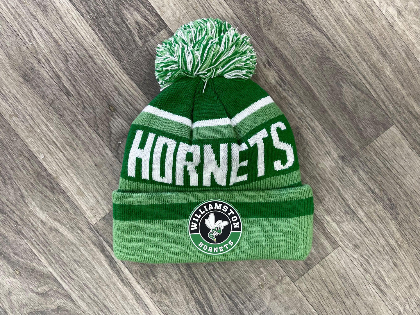 "Williamston" Hornet - Circle Rubber Patch - Green/White Beanie W/ Pom-Pom