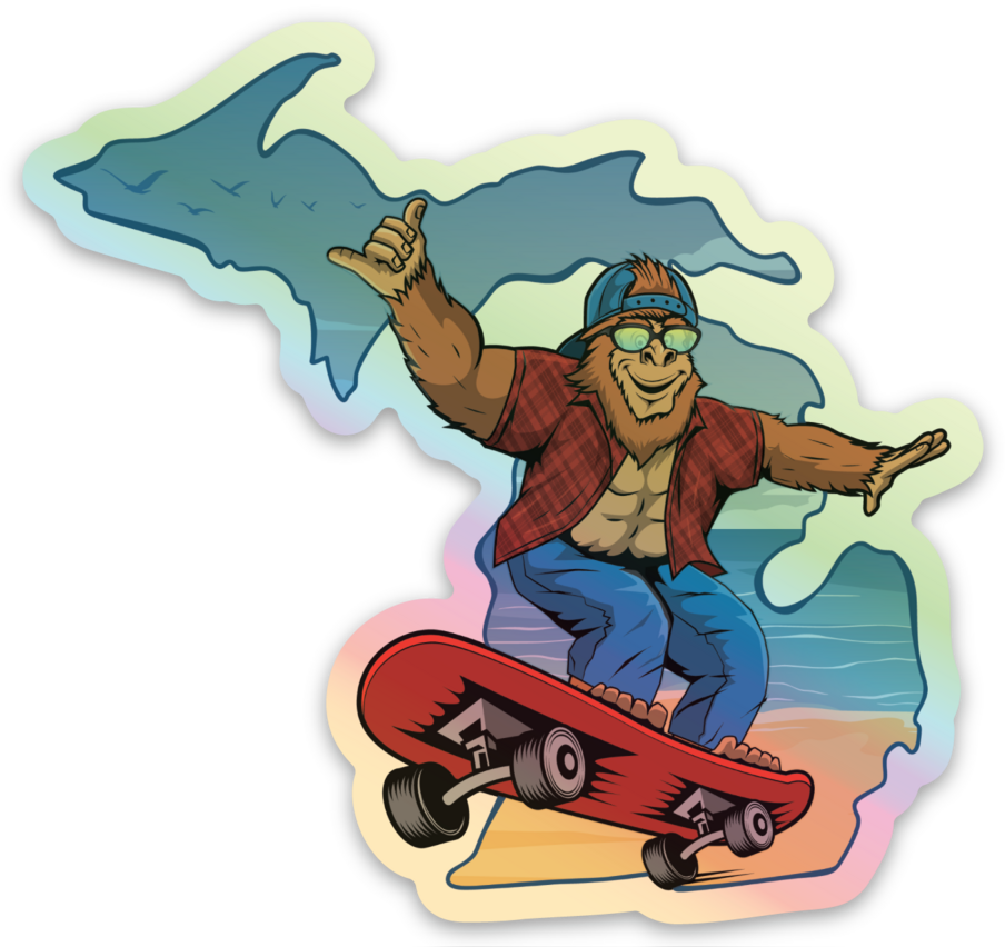 Sasquatch - Skateboarding - Beach - Michigan - Waterproof Sticker (3" X 3")