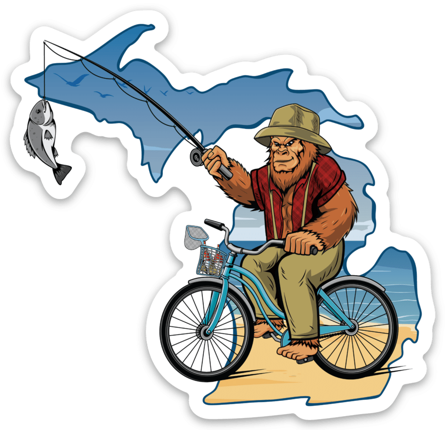 Sasquatch - Bike Fishing - Beach - Michigan - Waterproof Sticker 3" X 3"