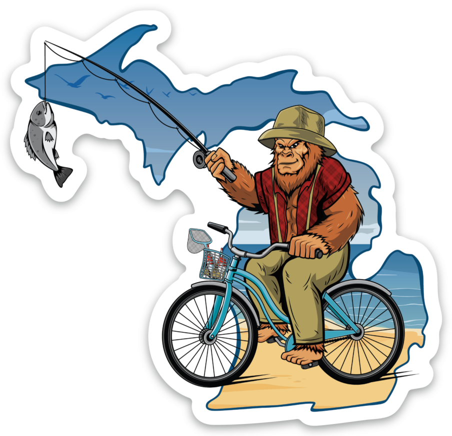 Sasquatch - Bike Fishing - Beach - Michigan - Waterproof Sticker (3" X 3")