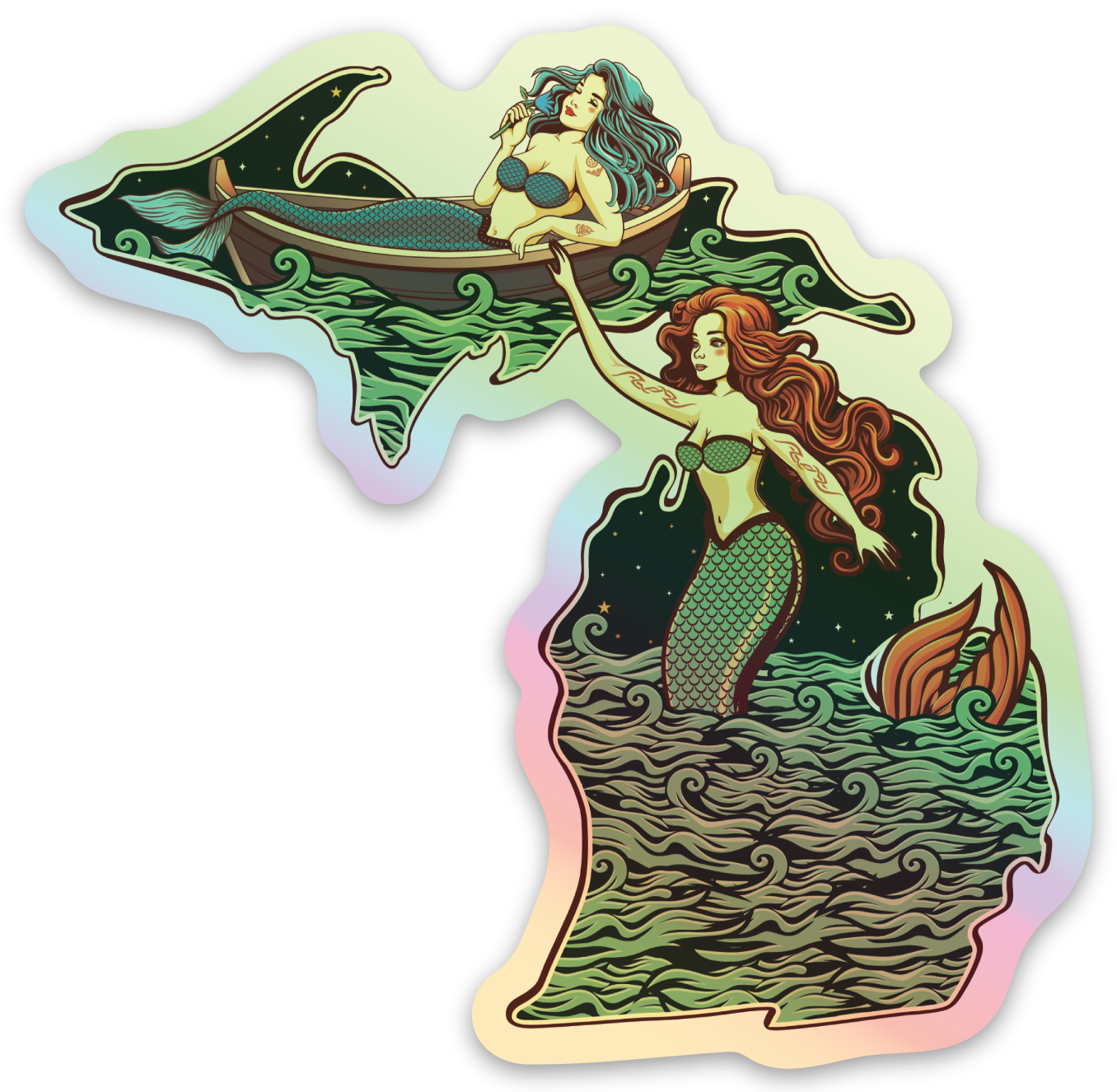 Mermaids - Ocean Night - Michigan - Waterproof Sticker (3" X 3")