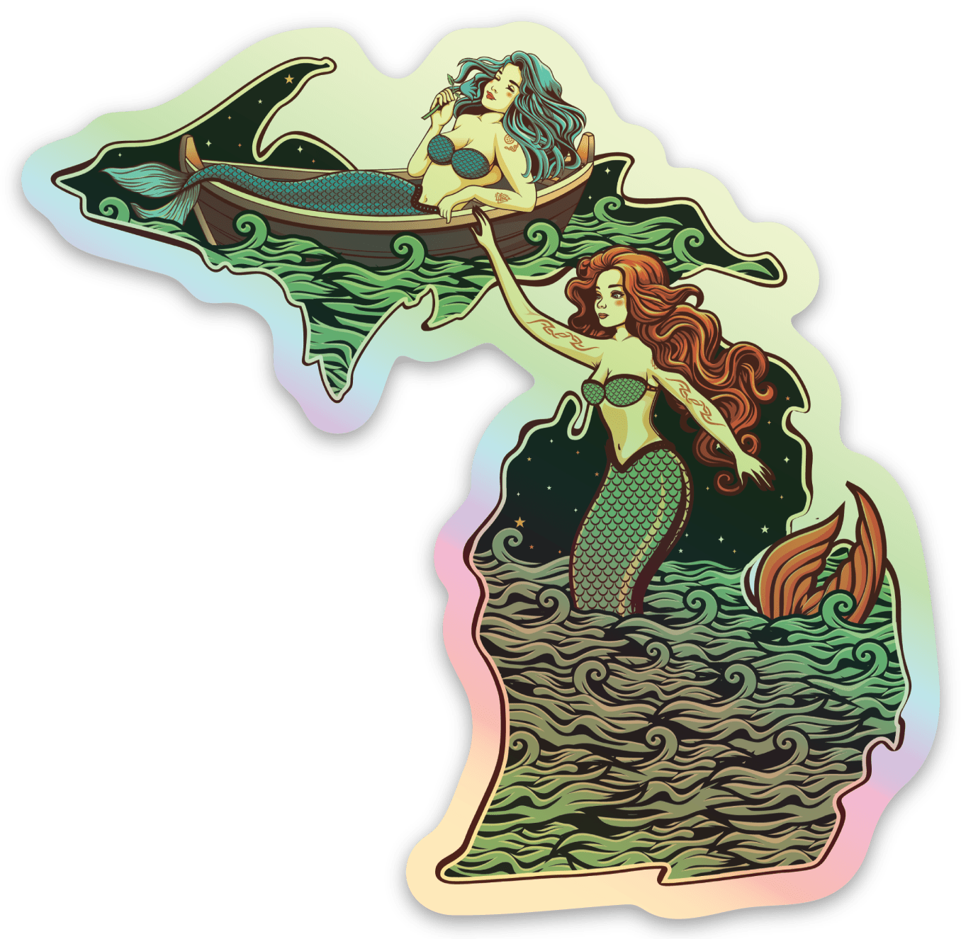 Mermaids - Ocean Night - Michigan - Waterproof Sticker 3" X 3"