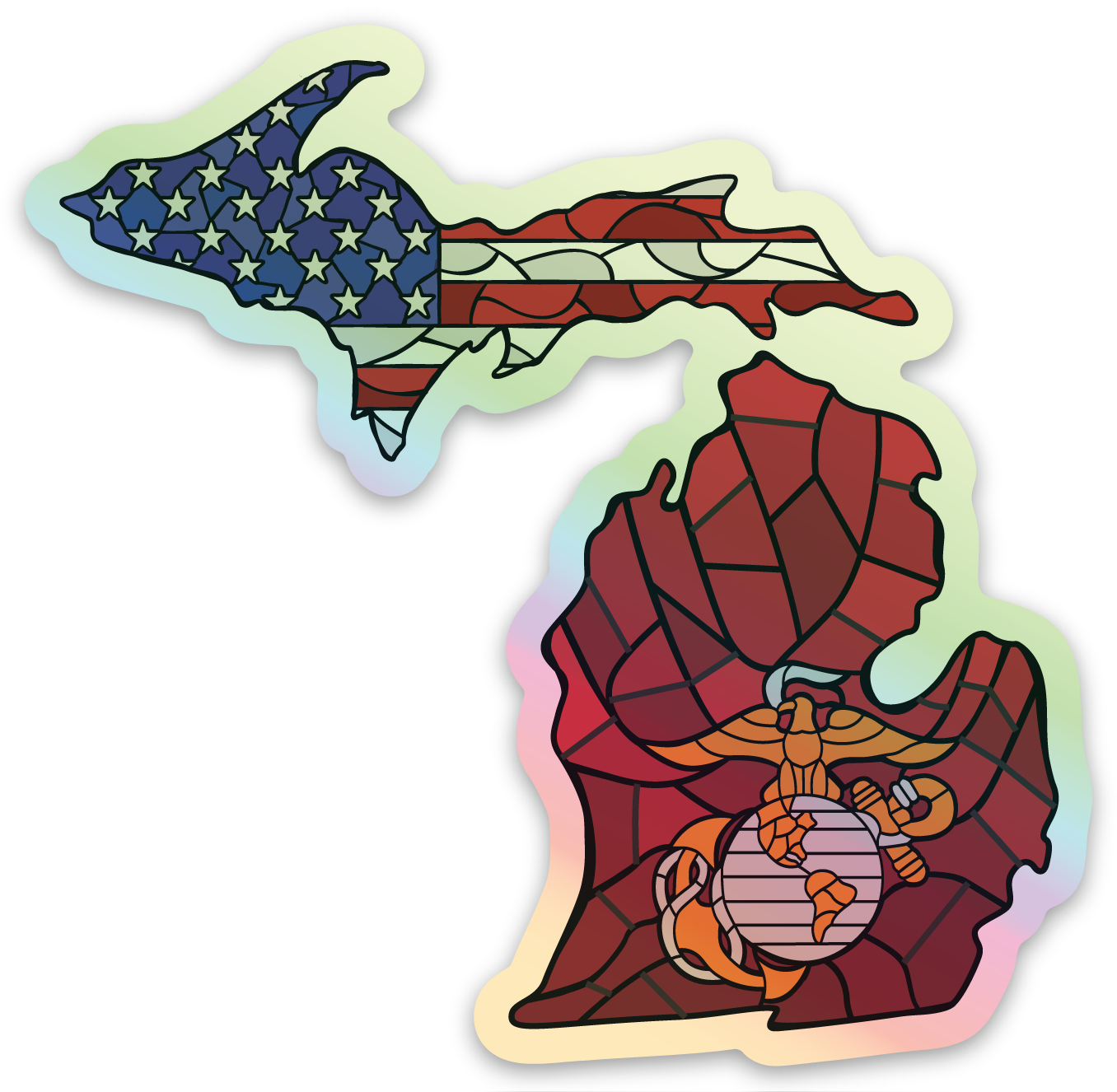 Stained Glass - USA - USMC - Michigan - Waterproof Sticker (3" X 3")