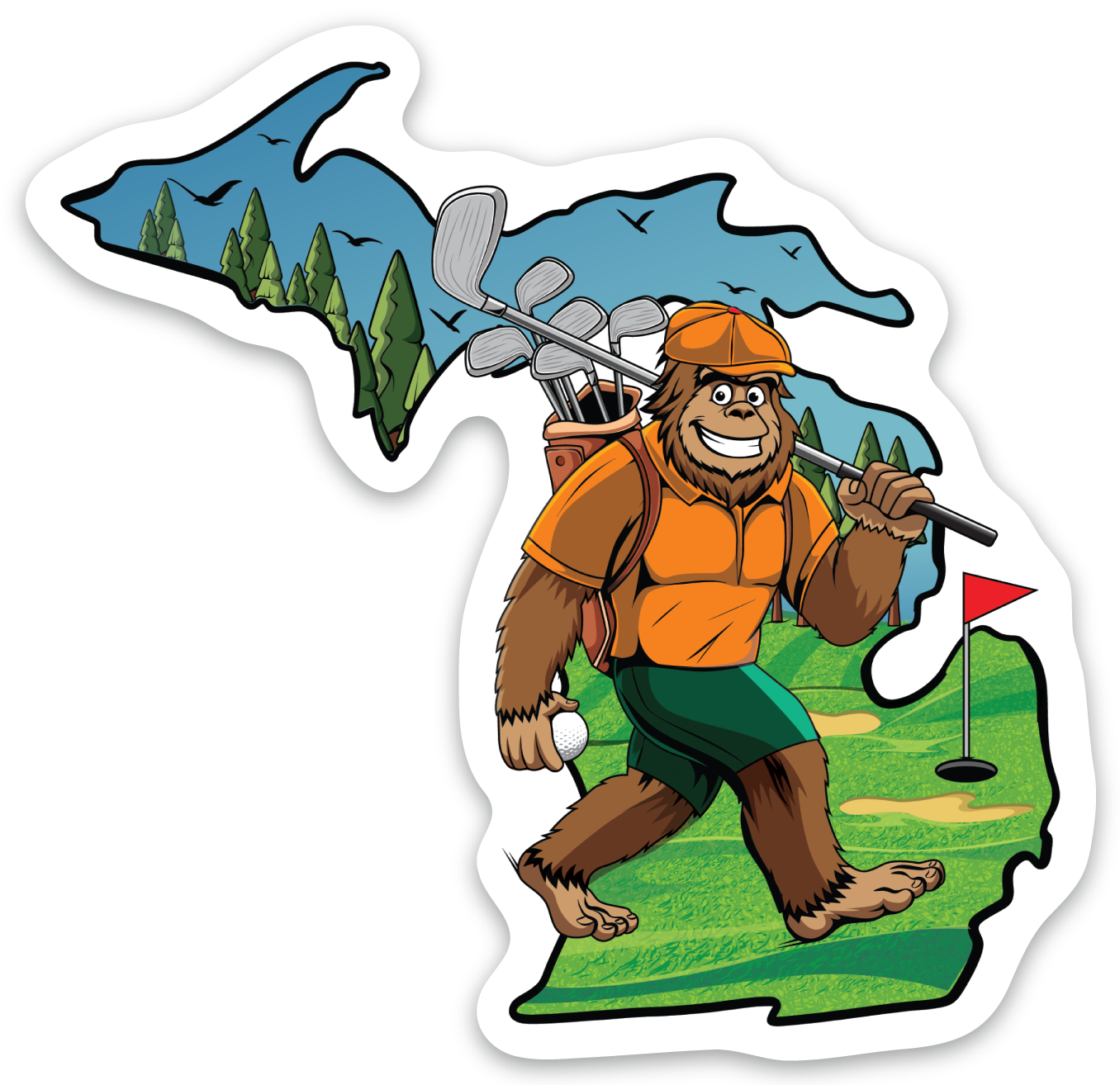 Sasquatch- Golfing - Michigan - Waterproof Sticker (3" X 3")