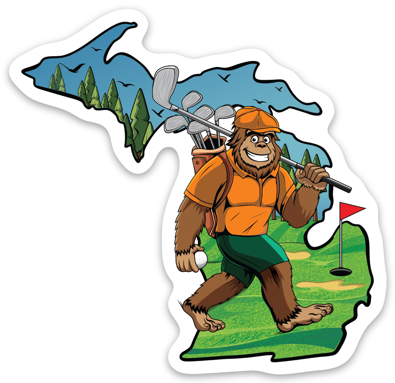 Sasquatch- Golfing - Michigan - Waterproof Sticker 3" X 3"
