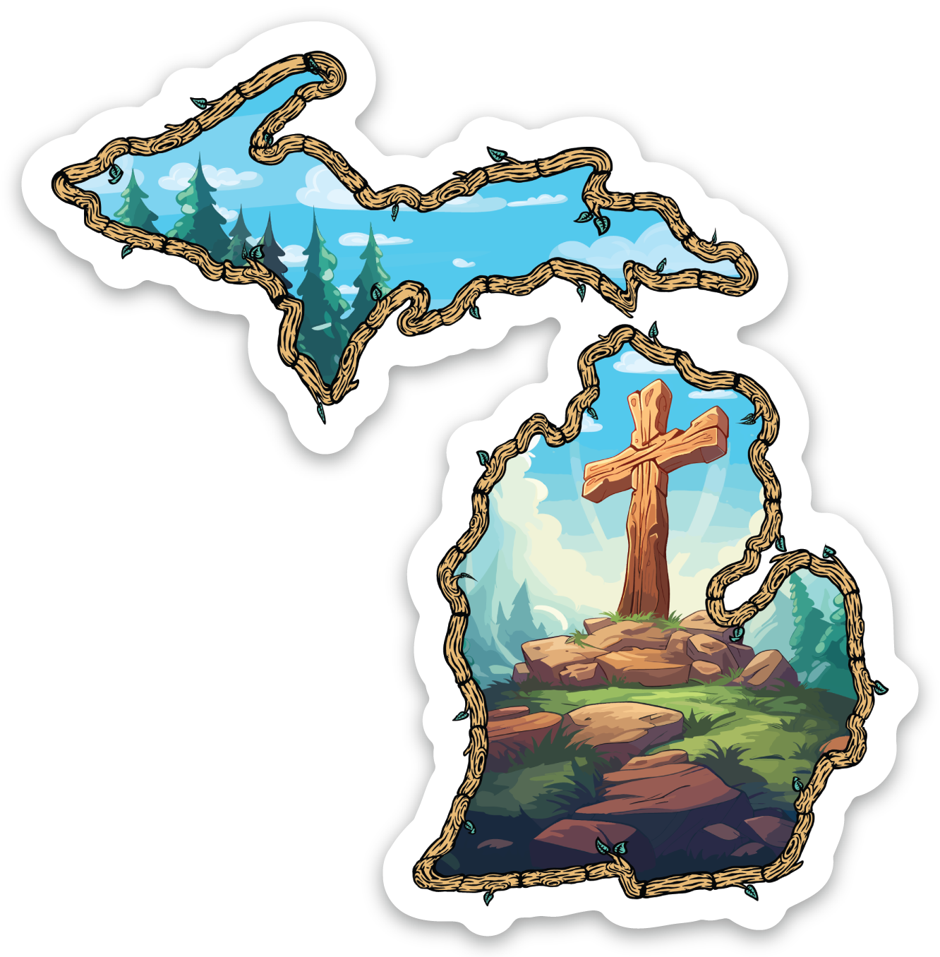 Twigs of Michigan - Wilderness Cross - Waterproof Sticker (3" X 3")