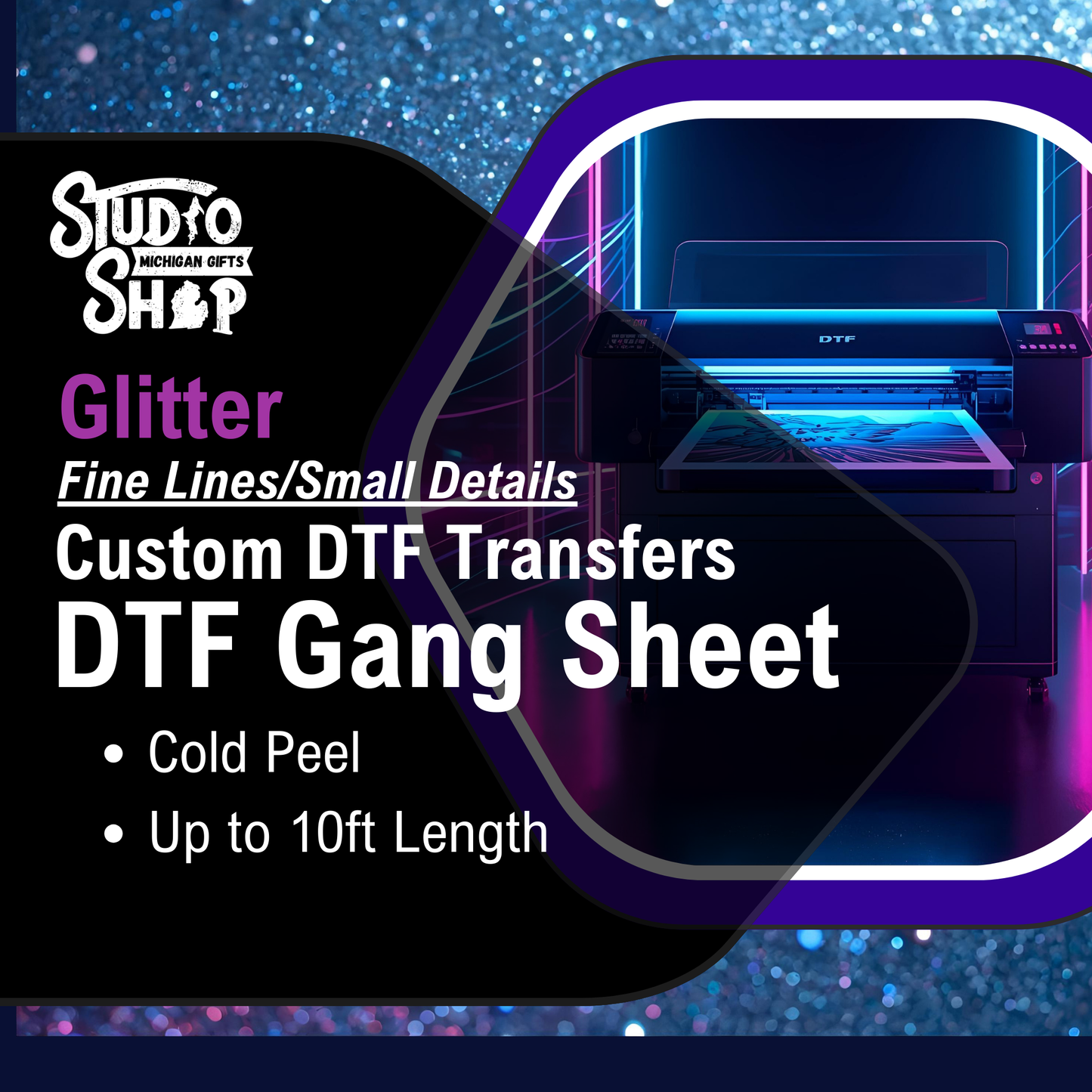 Custom DTF (Direct To Film) GLITTER - Gang Sheet - Fine Lines/Small Details