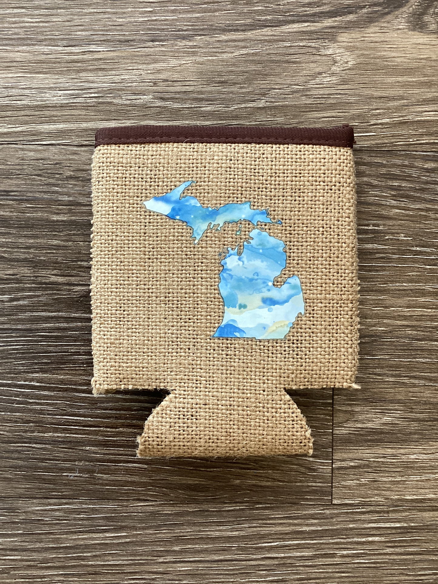 Watercolor - Light Blue - Michigan - Burlap Koozie