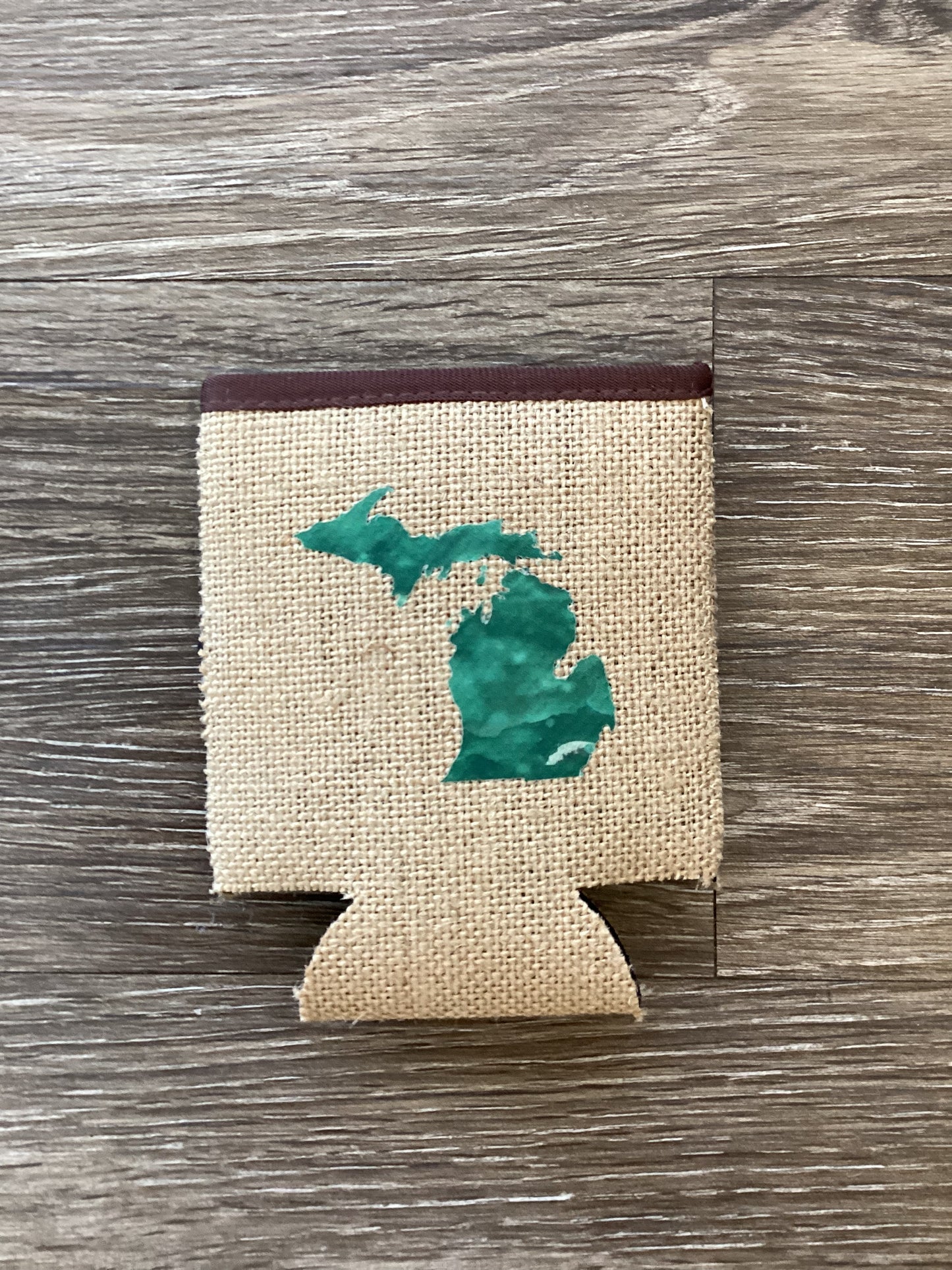 Watercolor - Dark Green - Michigan - Burlap Koozie